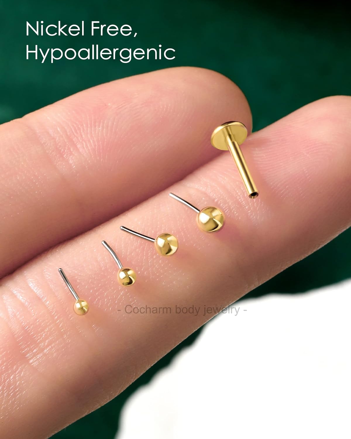 COCHARM 14K Solid Gold Helix Cartilage Tragus Earring Stud 16g Yellow Gold Threadless Tragus Cartilage Helix Conch Piercing Jewelry Flat Back Lip Labret Medusa Monroe Piercing Stud - Image 4