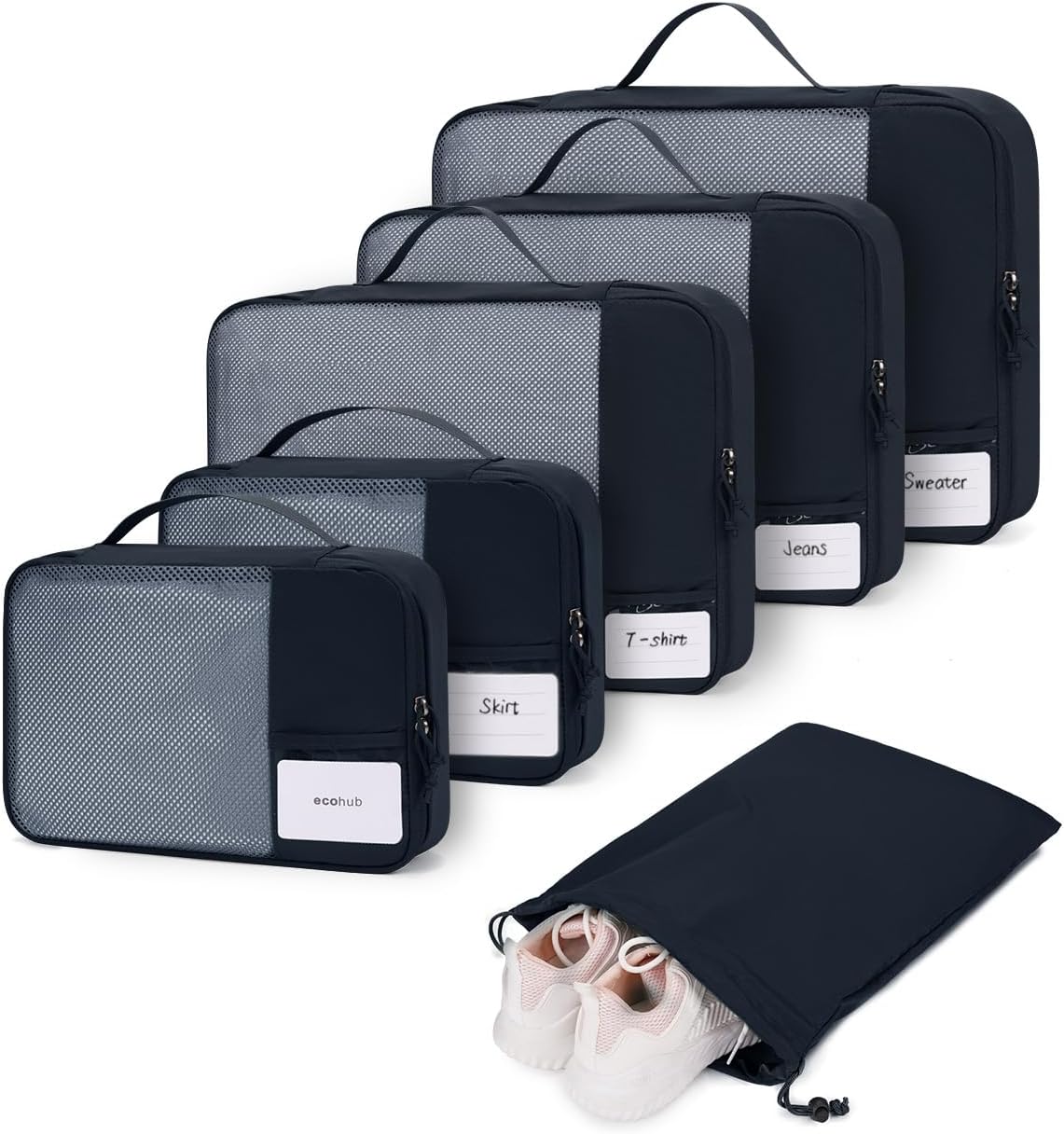 ECOHUBECOHUB Packing Cubes for Suitcase, 6pcs Suitcase Organiser Bags with Tag, Recycled Travel Organiser Packing Bags for Backpack, Rip-stop Mesh Luggage Packing Organizers, Dark Blue (Patent Pending)Global Recycled StandardGlobal Recycled StandardGlobal Recycled Standard