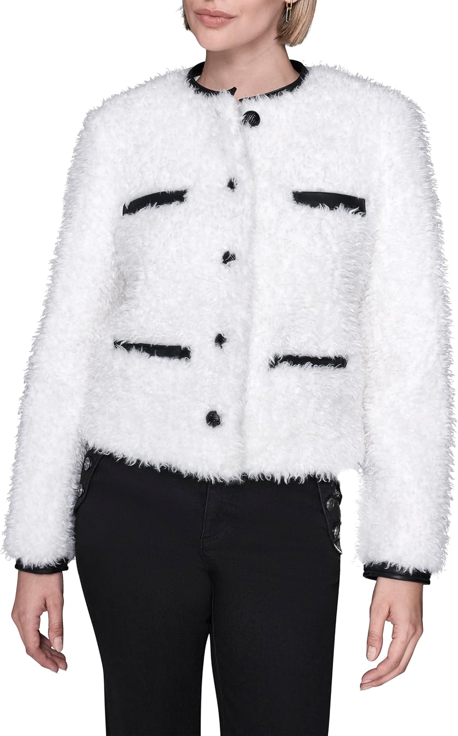 KARL LAGERFELD womens Long Sleeve Crew Neck Faux Shearling Jacket With Pockets
