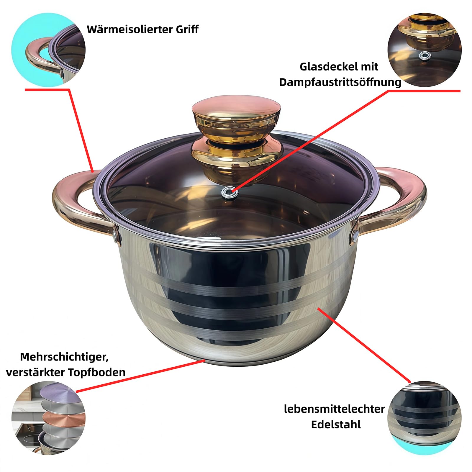 9-teiliges Edelstahl Topfset Induktion - Kochtopf Set, für Alle Herdarten | Lebensmittelechter Edelstahl, Glasdeckel mit Dampföffnung, Extra Dicker Boden, Wärmeisolierter Griff, Robust und Langlebig