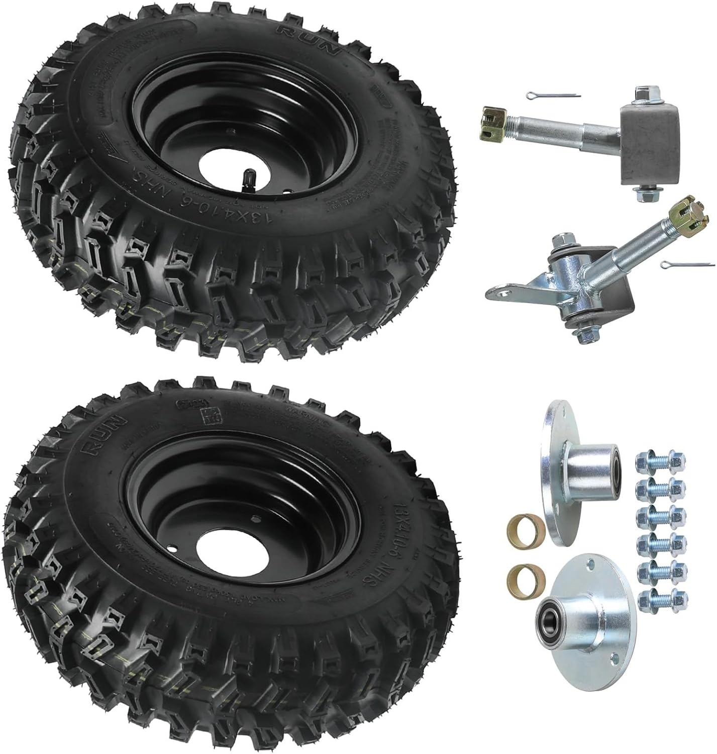 13x4.10-6 ATV Go Kart Tire and Wheel Assembly, 4PR Tubeless Tires with 6" Rims and 3-Stud Front Wheel Hubs & Steering Spindles, Universal Wheel Set for Go Kart ATV UTV Drift Trike Buggy