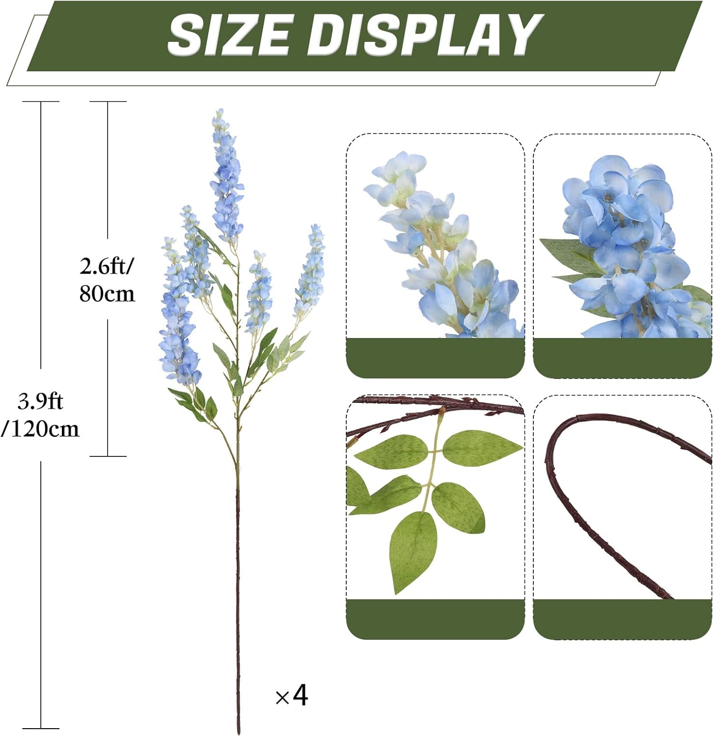 IPOPU 3.9FT Wisteria Artificial Flowers, 4PCS Wisteria Hanging Flowers, Silk Blue Flower with Long Stem for Tall Vase Filling Wedding Wall Backdrop Centerpieces Home Decoration (Blue)