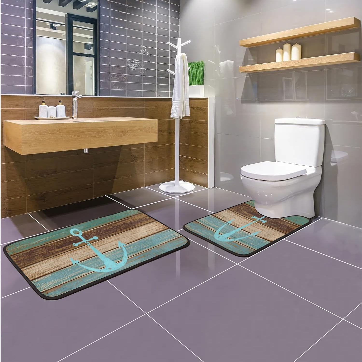 Bathroom Rug Sets 2 Piece Retro Anchor Microfiber Non Slip Bath Carpet, Ocean Theme Absorbent Toilet Mat for Bathroom Floor, Machine Washable Bathroom Mats