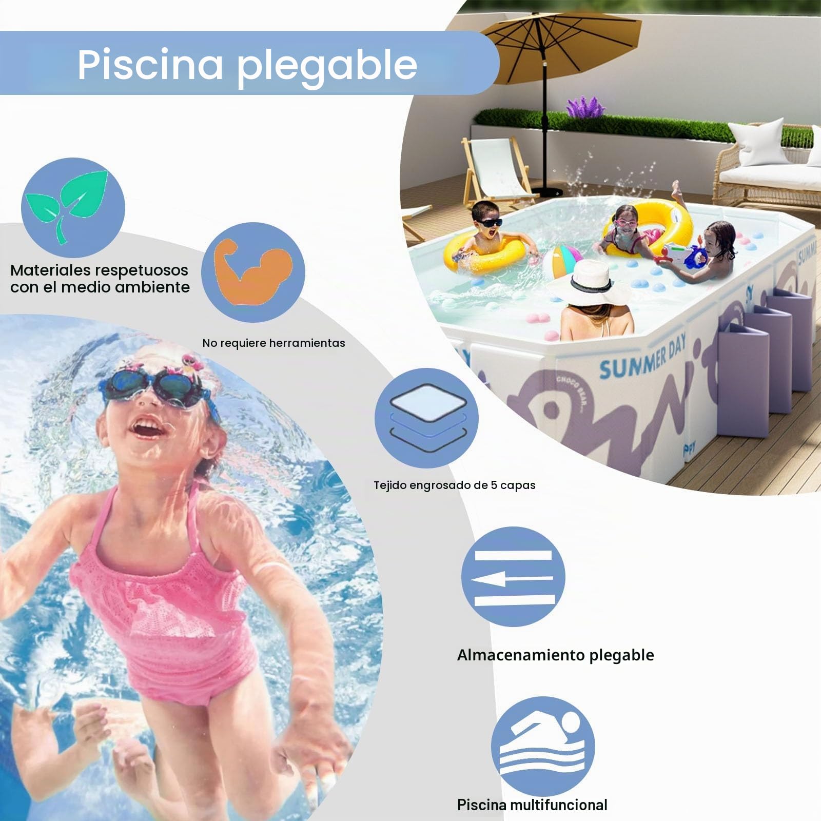 Piscina Plegable Piscina Plegable Grande No Inflable Portátil De 180-260 Cm Piscina Infantil Plegable Piscina Grande para Jardín(Green,260 * 165 * 50cm)