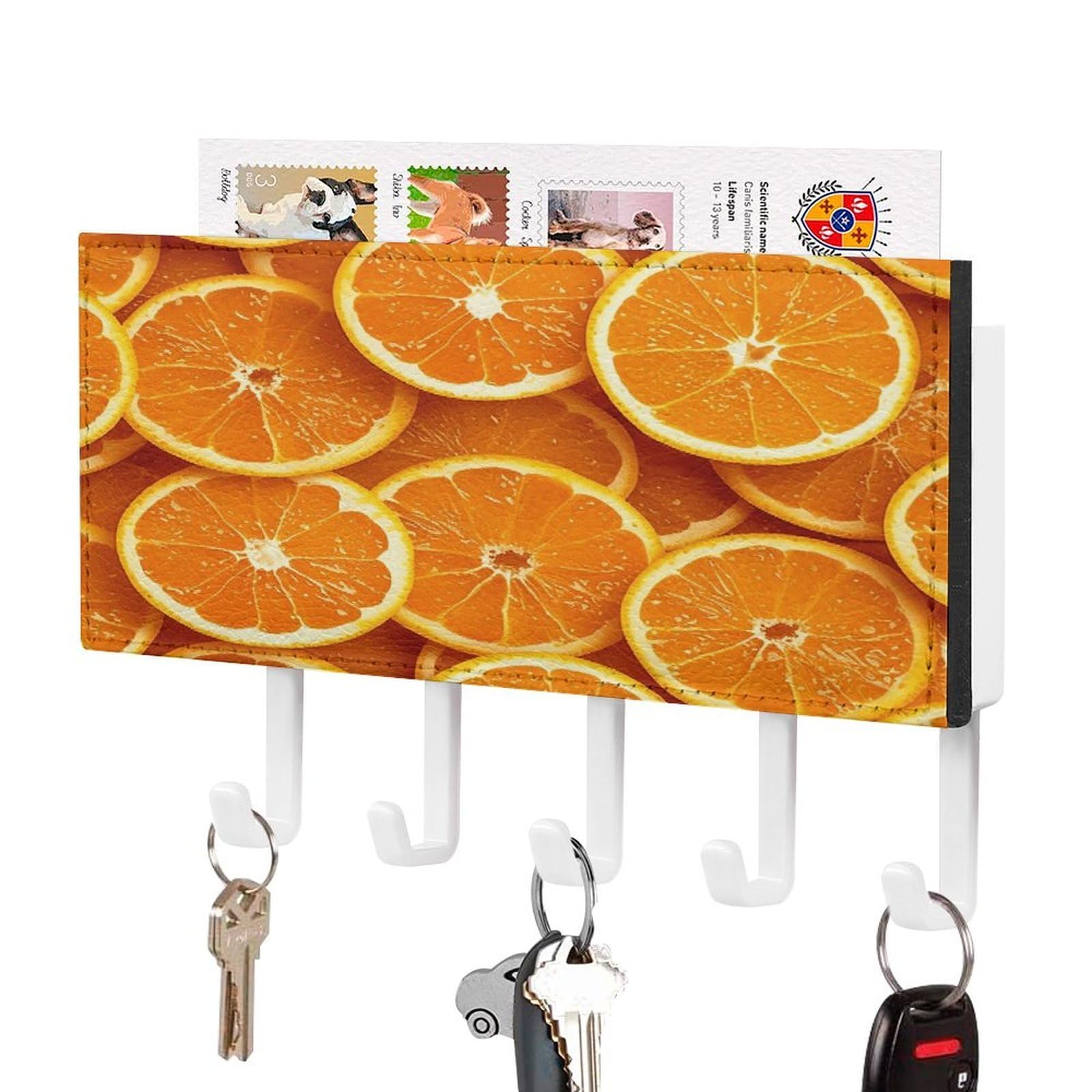 Fekiloot White-Style Orange Slices Key Holder Wall Mount Key Hanger With 5 Hooks Decorative Key Rack Hanging Key Hooks With Mail Organizer Key Holder For Wall Living Room Kitchen Bathroom Hallway White