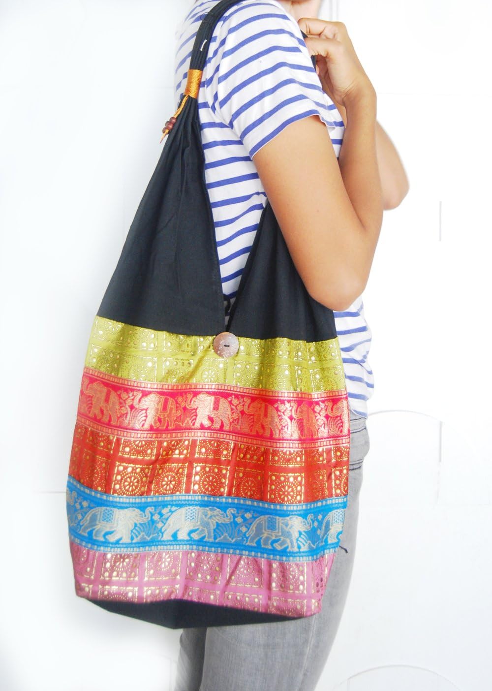 Hippie Hobo Sling Crossbody Bag Purse Traditional Thai Handmade elephant sewing (Pink)
