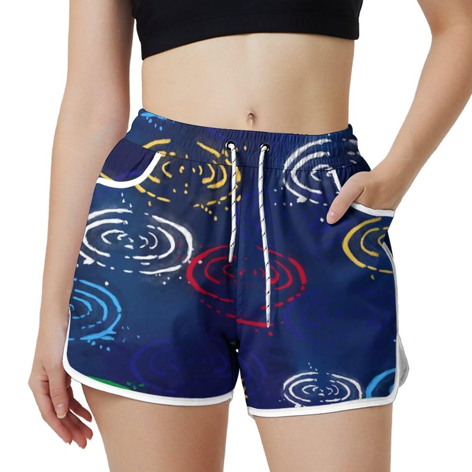 AYUNIX Women's Running Shorts with Pockets Quick Dry Performance Shorts for Women Rain Falling Athletic Workout Gym Shorts White, Medium