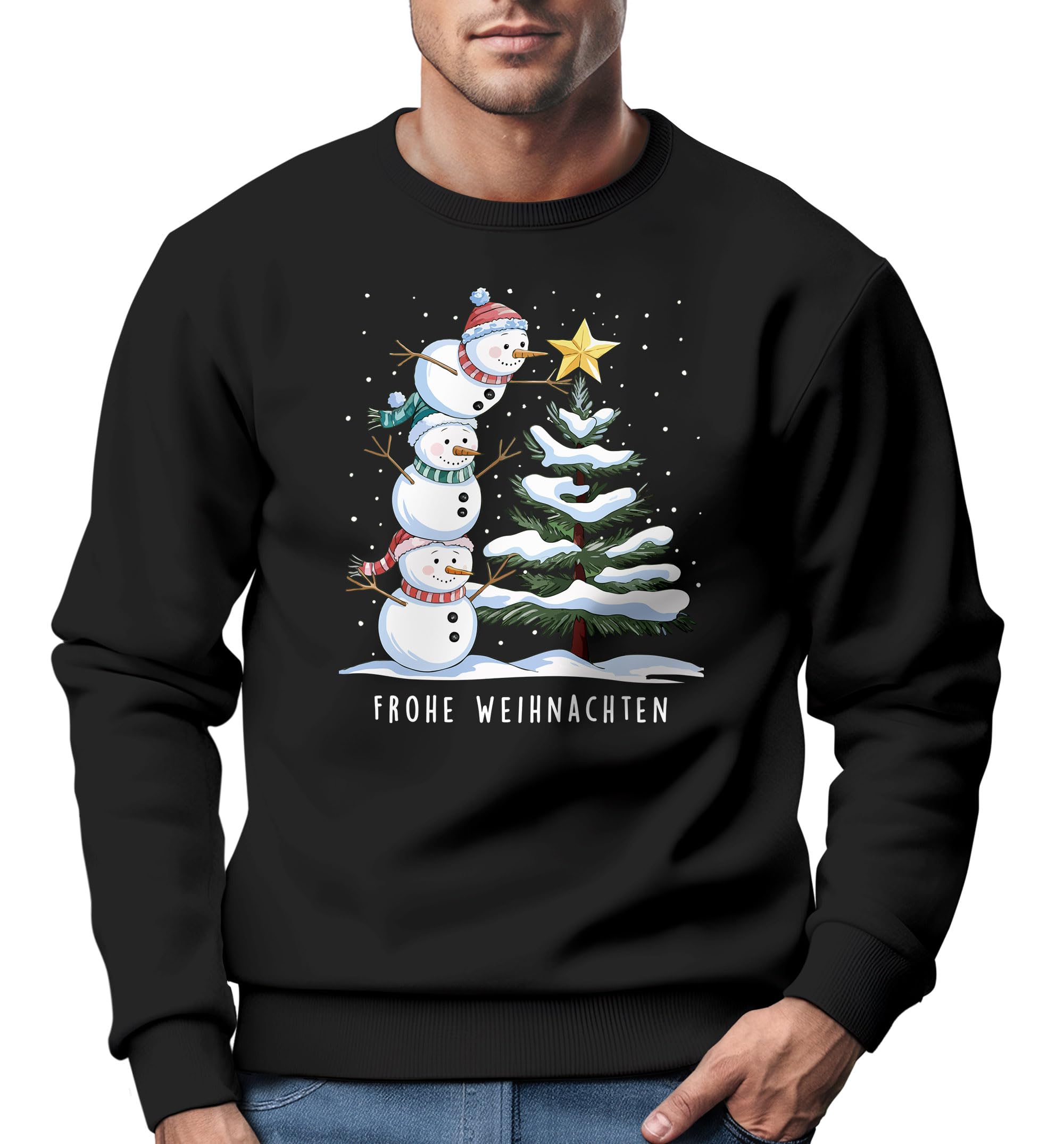 MoonWorks Sweat-shirt à col rond pour homme avec inscription « Joyeux Noël bonhomme de neige »