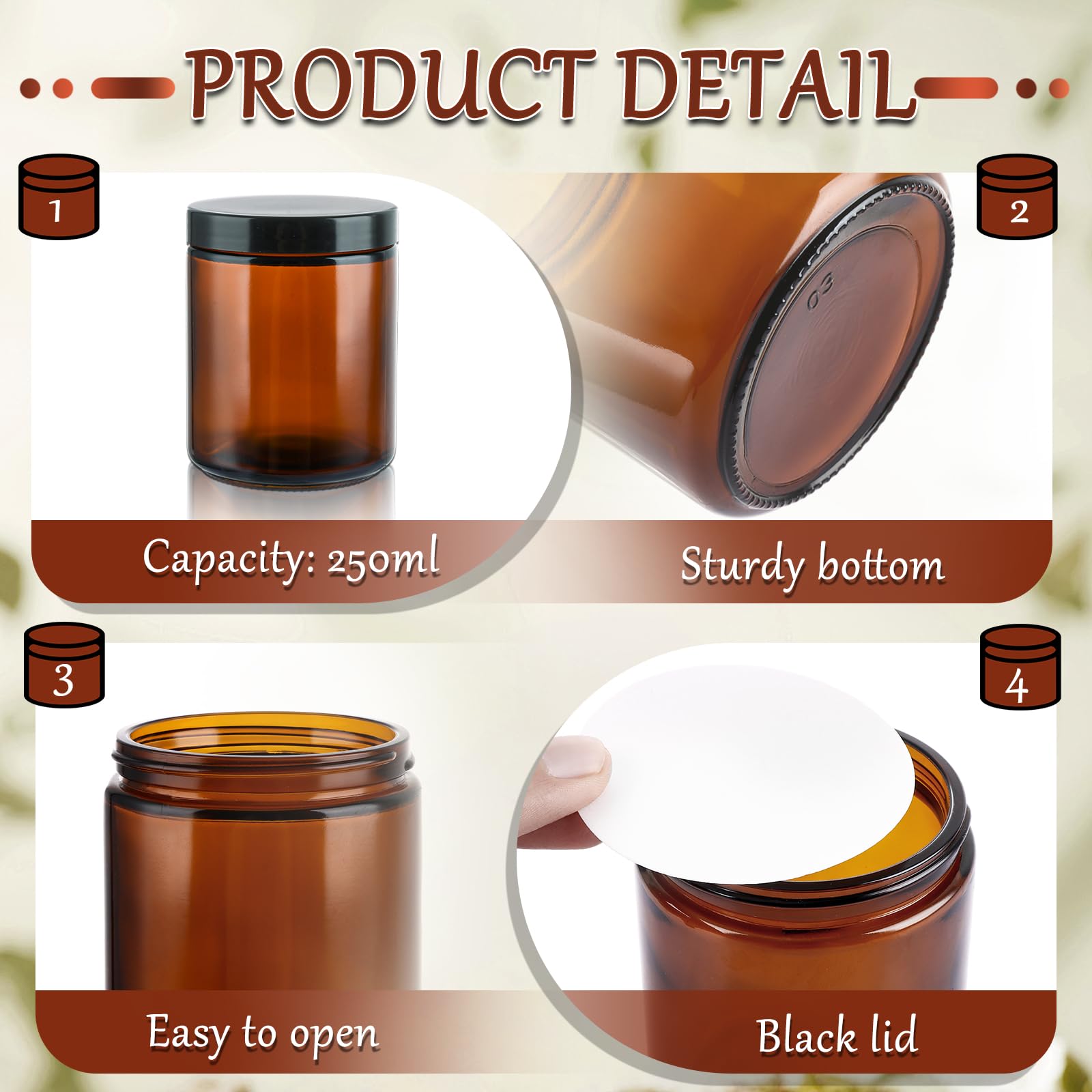 LOPYXBR 12 Pack 250 ml Amber Glass Jars 8 oz Empty Cosmetic Containers, Travel Pots with Labels - Image 4
