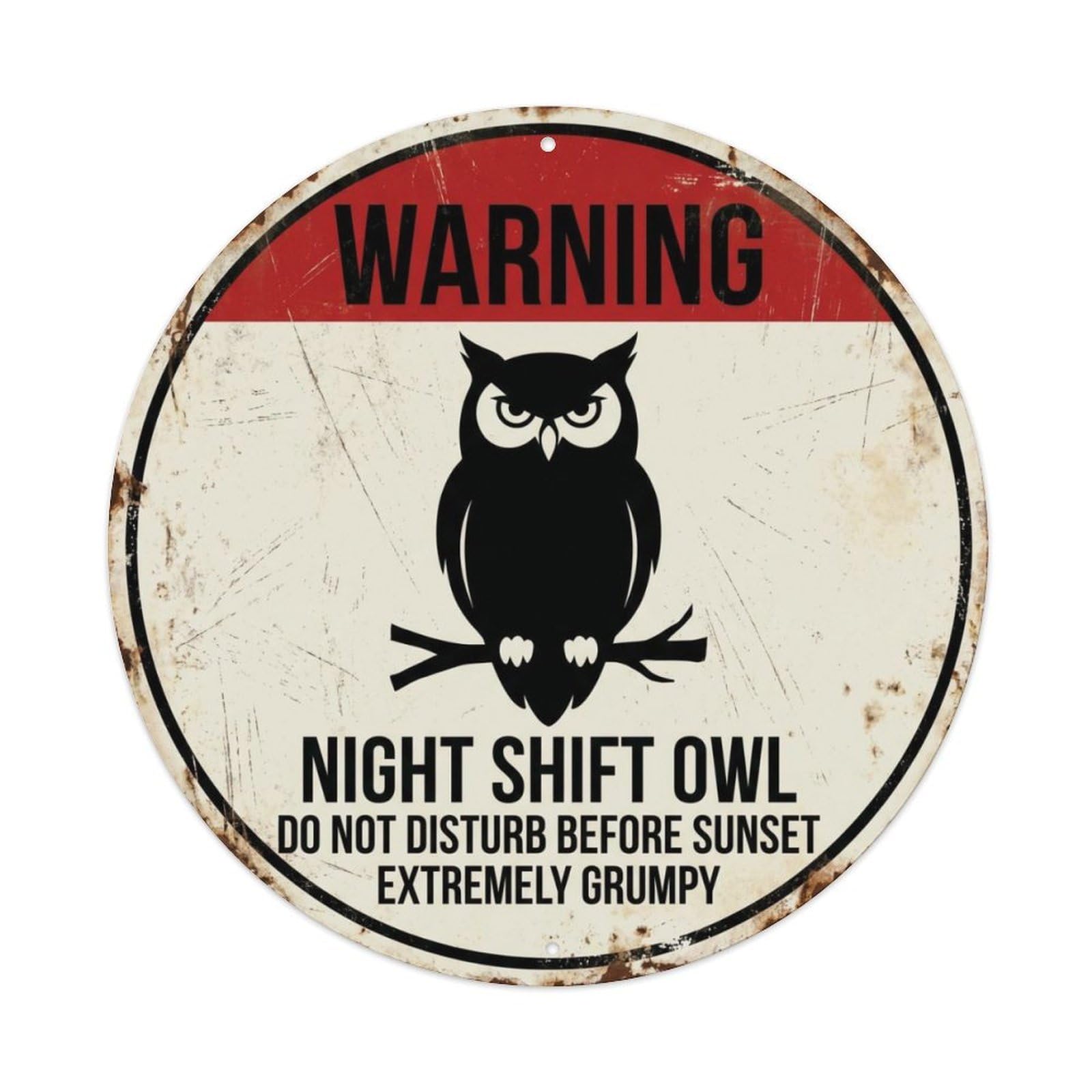 Fqcyn Style Grumpy Owl Night Shift Metal Tin Sign Plaque Wall Decor For Cafe, Club Bar, Office, Home Garden Round Metal Poster 8X8inch