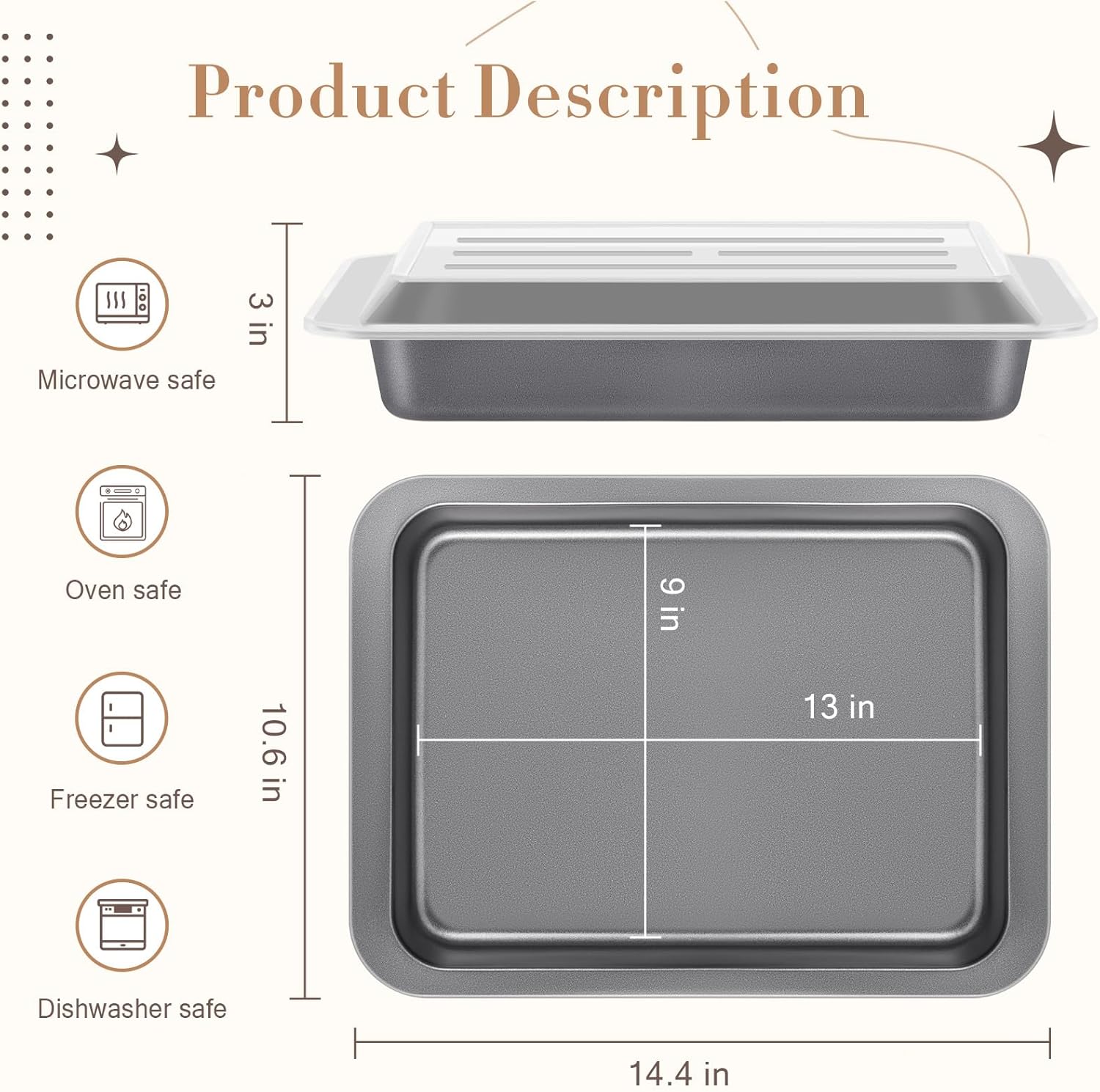 3 Pcs Cake Pan with Lid 9"x13" Baking Pan Nonstick Steel Rectangle Baking Dish for Brownie Cookies Pie Cake Christmas Birthday Party Outdoor Picnics, Gray
