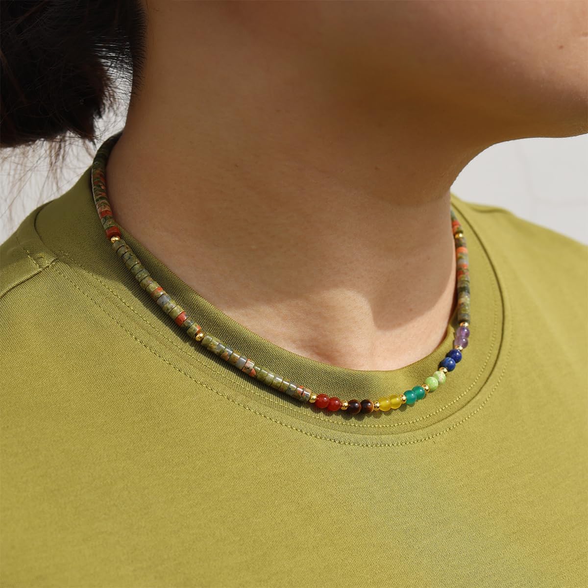 Jewever Coin-Shaped Chakra Chokers Necklaces for Women Healing Crystals Real Stone Beaded Bring Lucky and Prosperity Choker Jewelry Gifts - Image 4