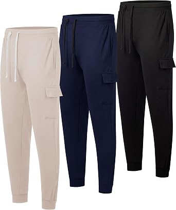 3 Pack Mens Fleece Cargo Joggers Sweatpants Cuffed Athletic Gym Pockets