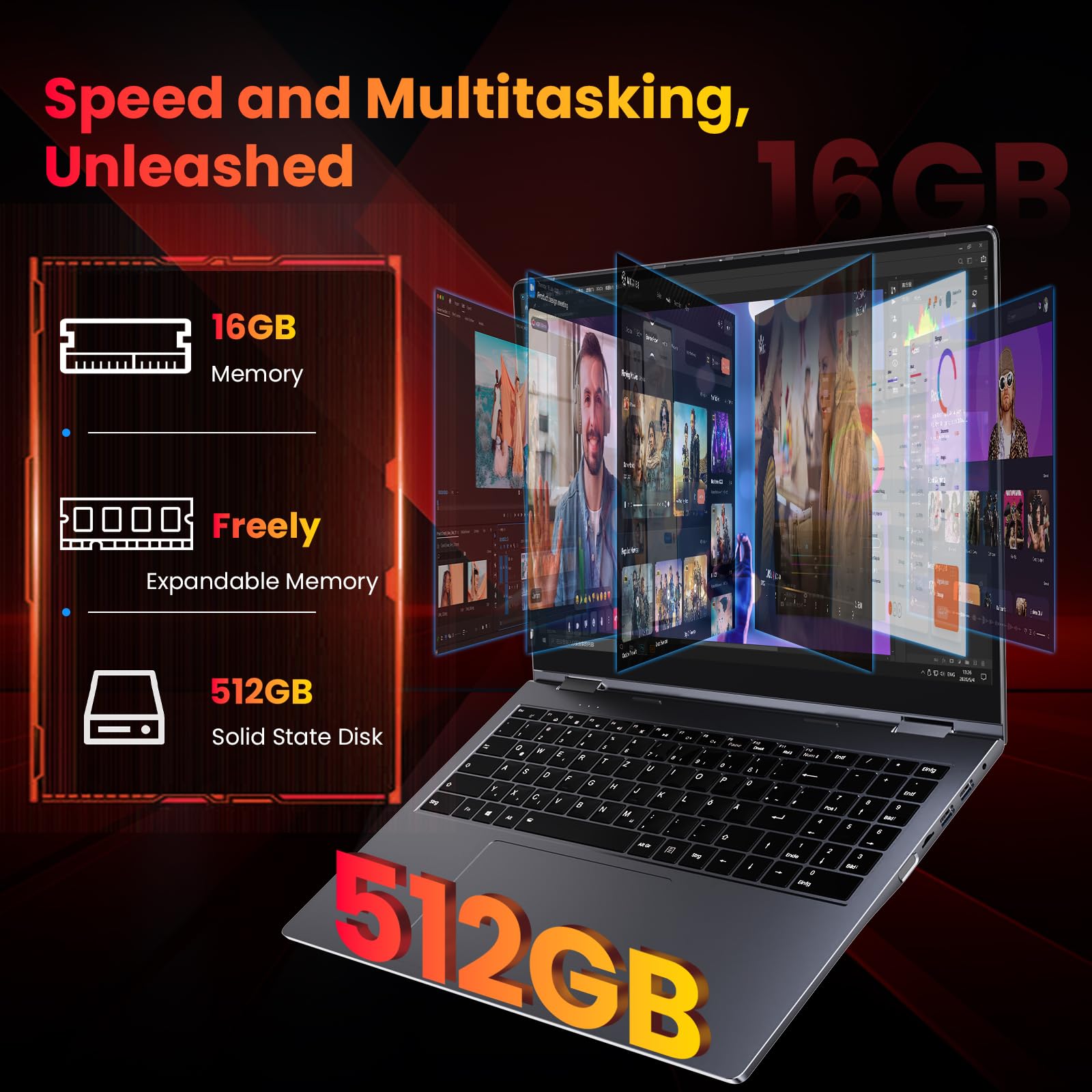 THEYETI Laptop touch screen da 16 pollici, processore Ryzen 3 3300U (Beat N95), 16 GB RAM, 512 GB SSD, tastiera QWERTZ retroilluminata, lettore di impronte digitali, WiFi 6, Bluetooth 5.2, per ufficio