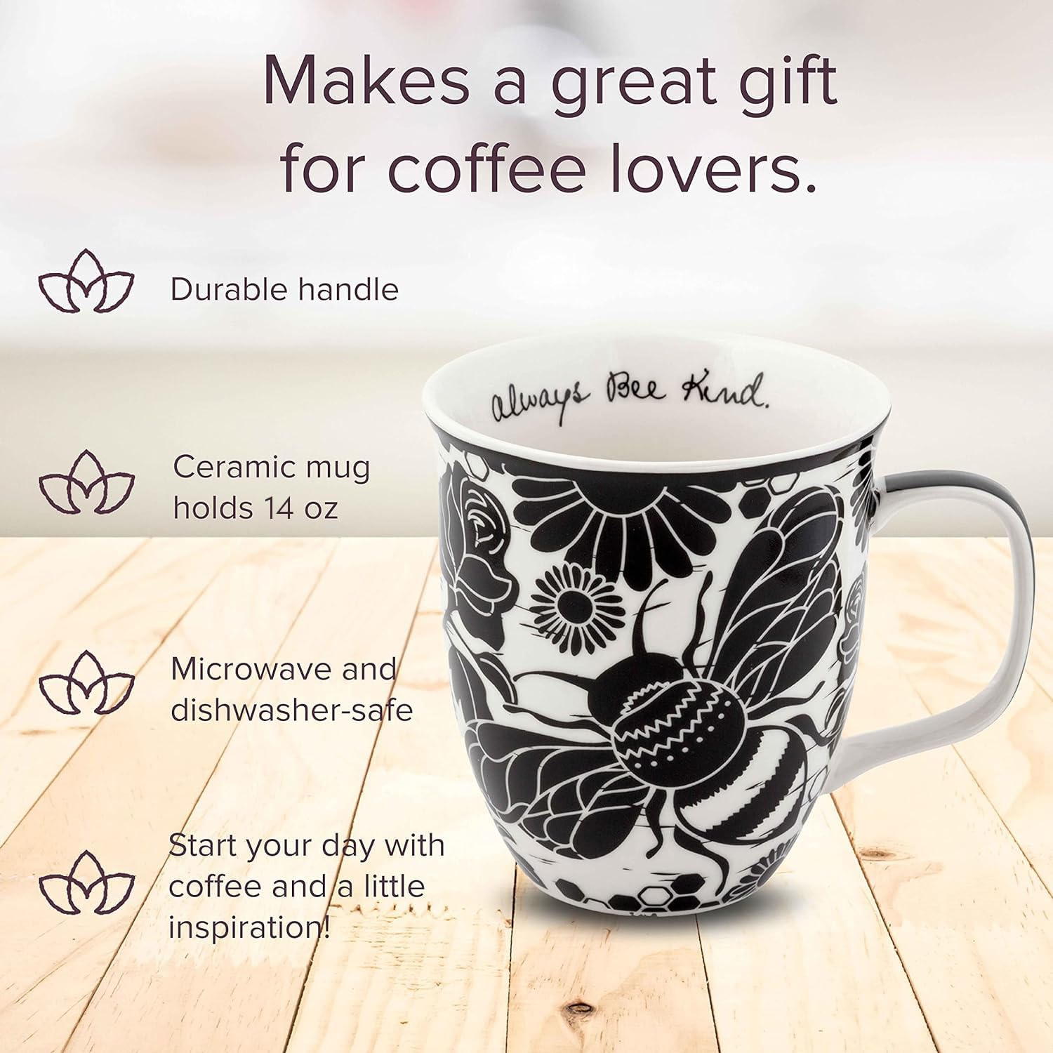 Karma Gifts - Taza de café y té de 16 onzas, diseño de abeja, bonita taza de café y té, tazas de café de cerámica para mujeres y hombres, 1 unidad (paquete de 1)