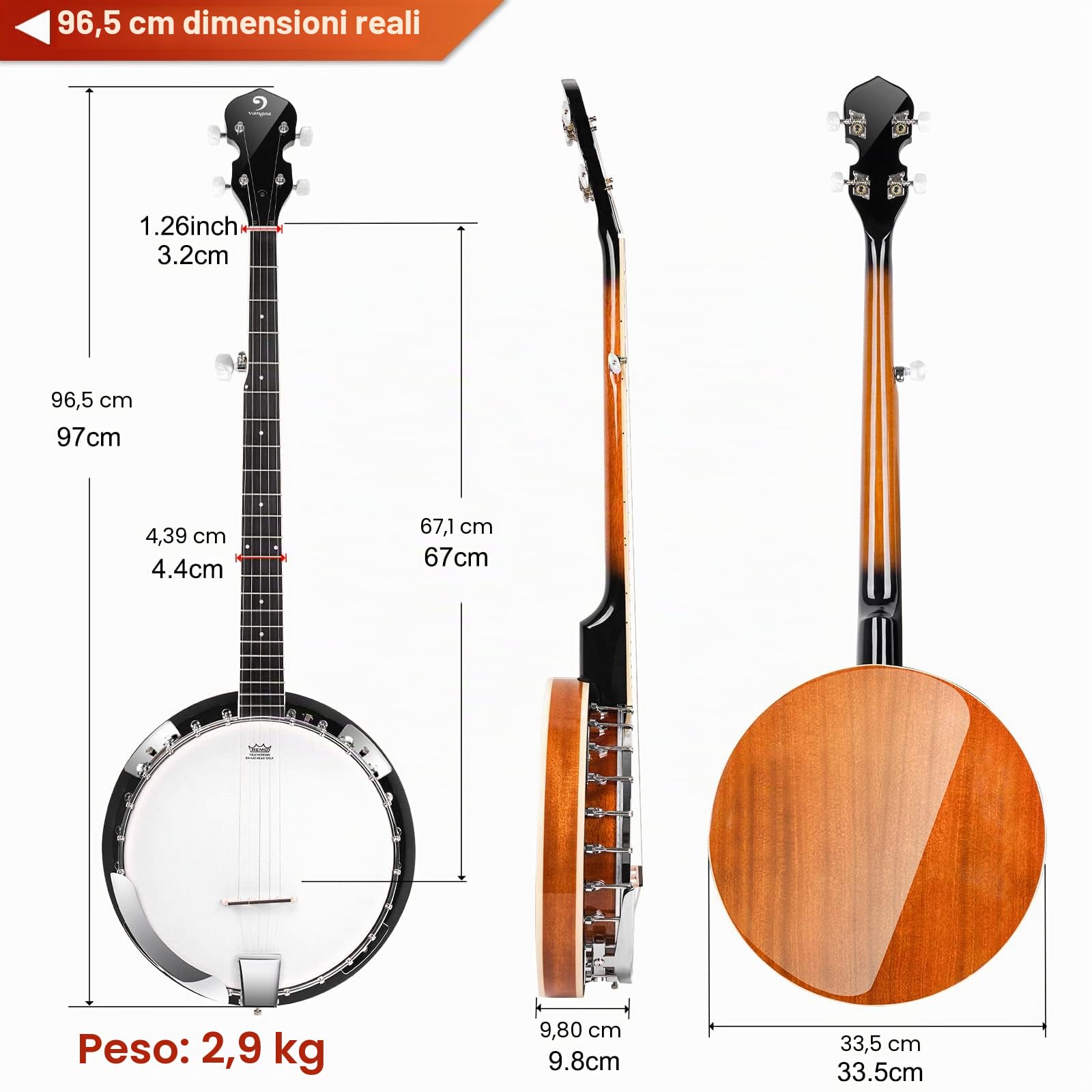 Vangoa Banjo a 5 corde con Remo Testa Chiusa Indietro Solida Banjo con Kit per Principianti, Accordatore, Cinghia, Pick up, Archi, Plettri e Borsa