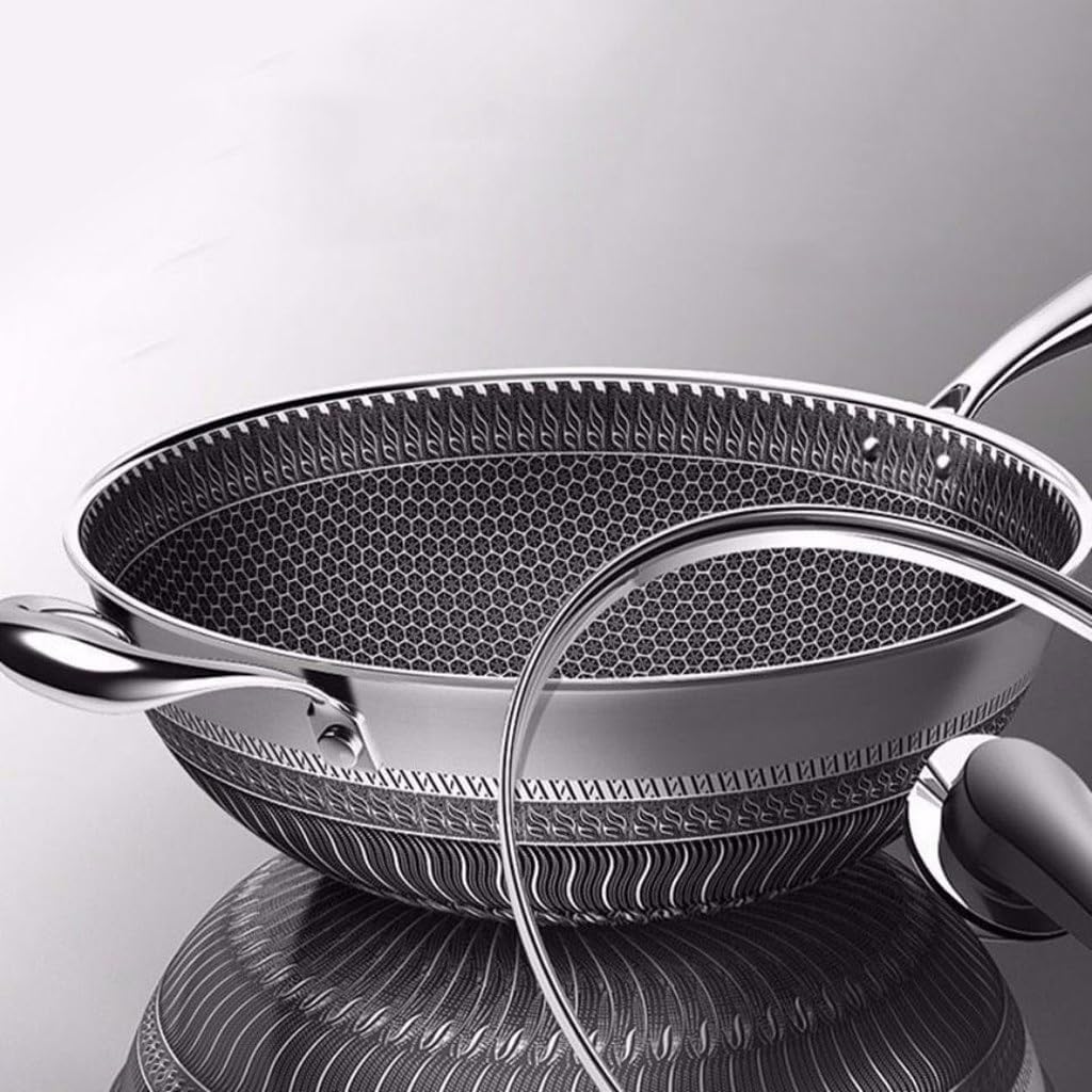 HBJWOV Stainless Steel Wok Double-sided Honeycomb Pan Uncoated Non-stick Household Multi-purpose