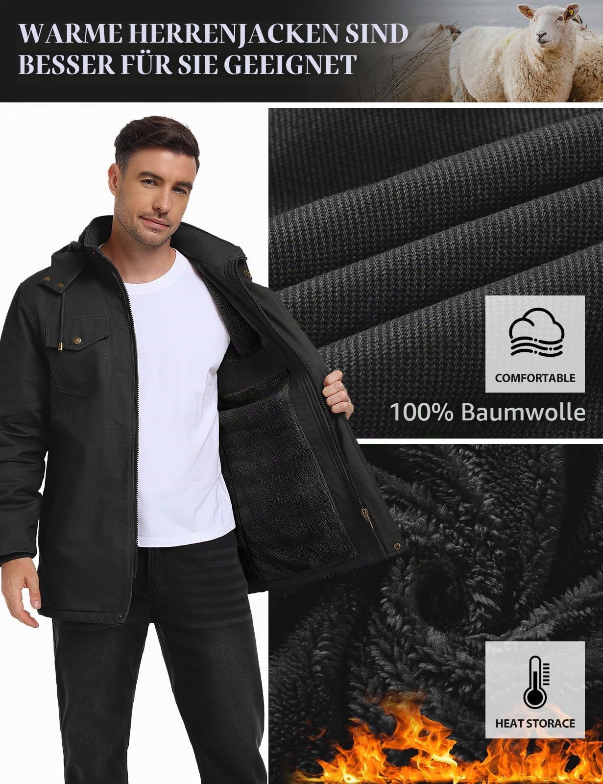 Lonya Winterjacke Herren Warm Fleece Militär Gefüttert Jacke Feldjacke