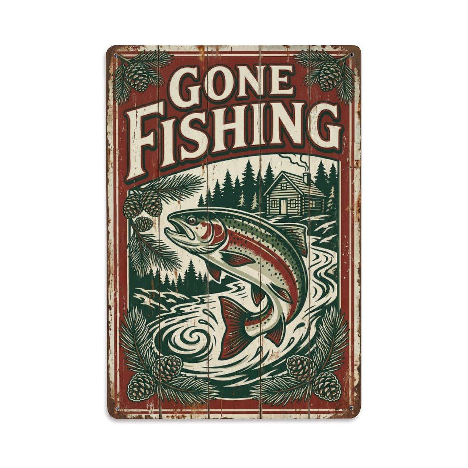 Gone Fishing Lodge Decoration Vintage Metal Tin Sign Plaque Wall Decor for Cafe, Club, Garden Metal Poster 8x12Inch