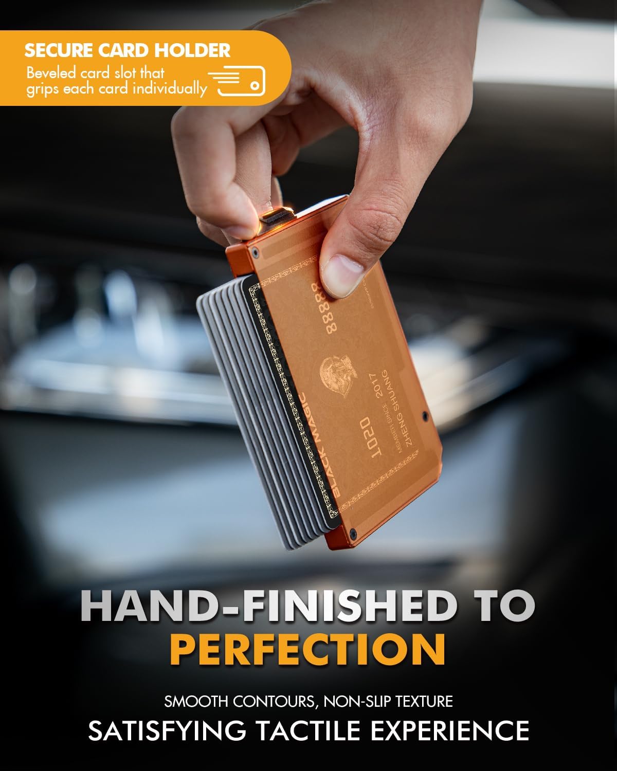 iwantit Pop Up Wallet for Men, Slim Minimalist Credit Card Holder with Money Clip - Man Metal Aluminum Wallet RFID Blocking, Smart Tactical Wallet for Men, Gift for Men (Orange) - Image 6