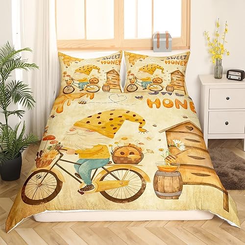 Miniatura 2 de Juego de ropa de cama de gnomo de abeja miel, funda de edredón retro de madera para niñas y niños, decoración de dormitorio de niños, funda de