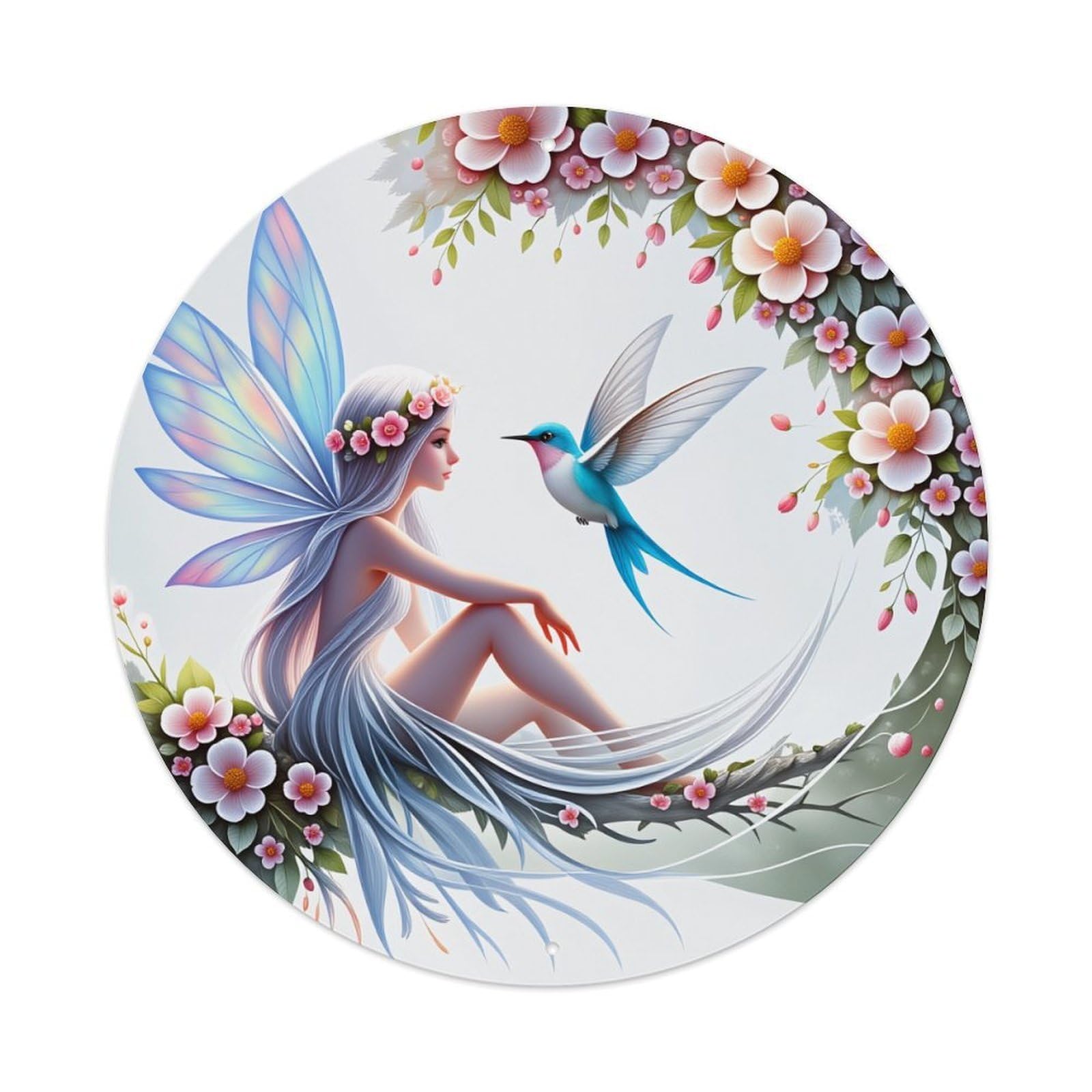 Fairy Bird Flowers Wings Spring Round Tin Sign Vintage Style Metal Sign Home Bar Garden Wall Plaque Decor Metal Poster 8x8 Inch