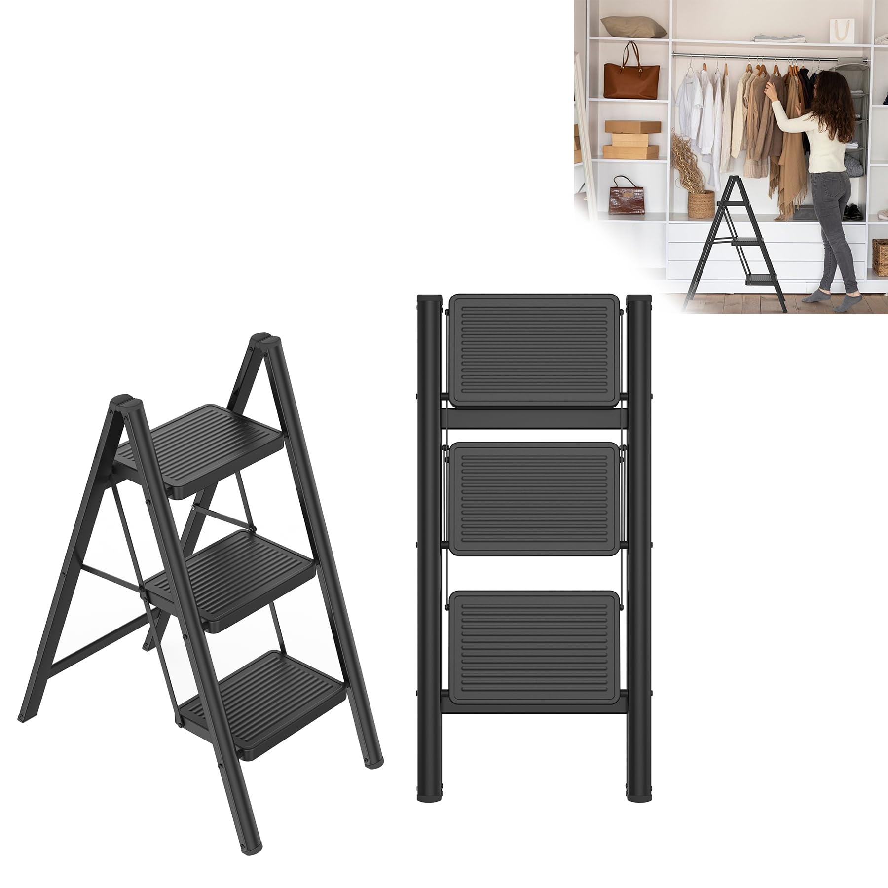 LZQ Scaletta pieghevole a 3 gradini sgabello con pedale largo, leggera, antiscivolo, scala pieghevole con blocco di sicurezza, portata fino a 270 kg, scala pieghevole per casa, cucina, nero