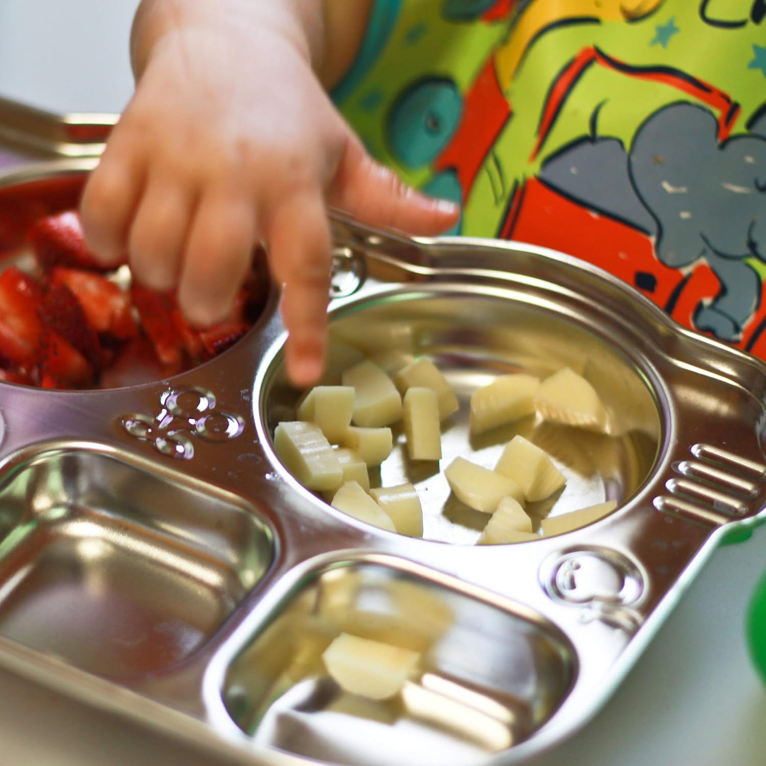 Innobaby Stainless Bus Plate, The Original, Rust Free, Safe Divided Platter, Mom Invented Fun Shape Dish Din Din SMART for Babies, Toddlers and Kids, BPA Free Plate (2-Pack)