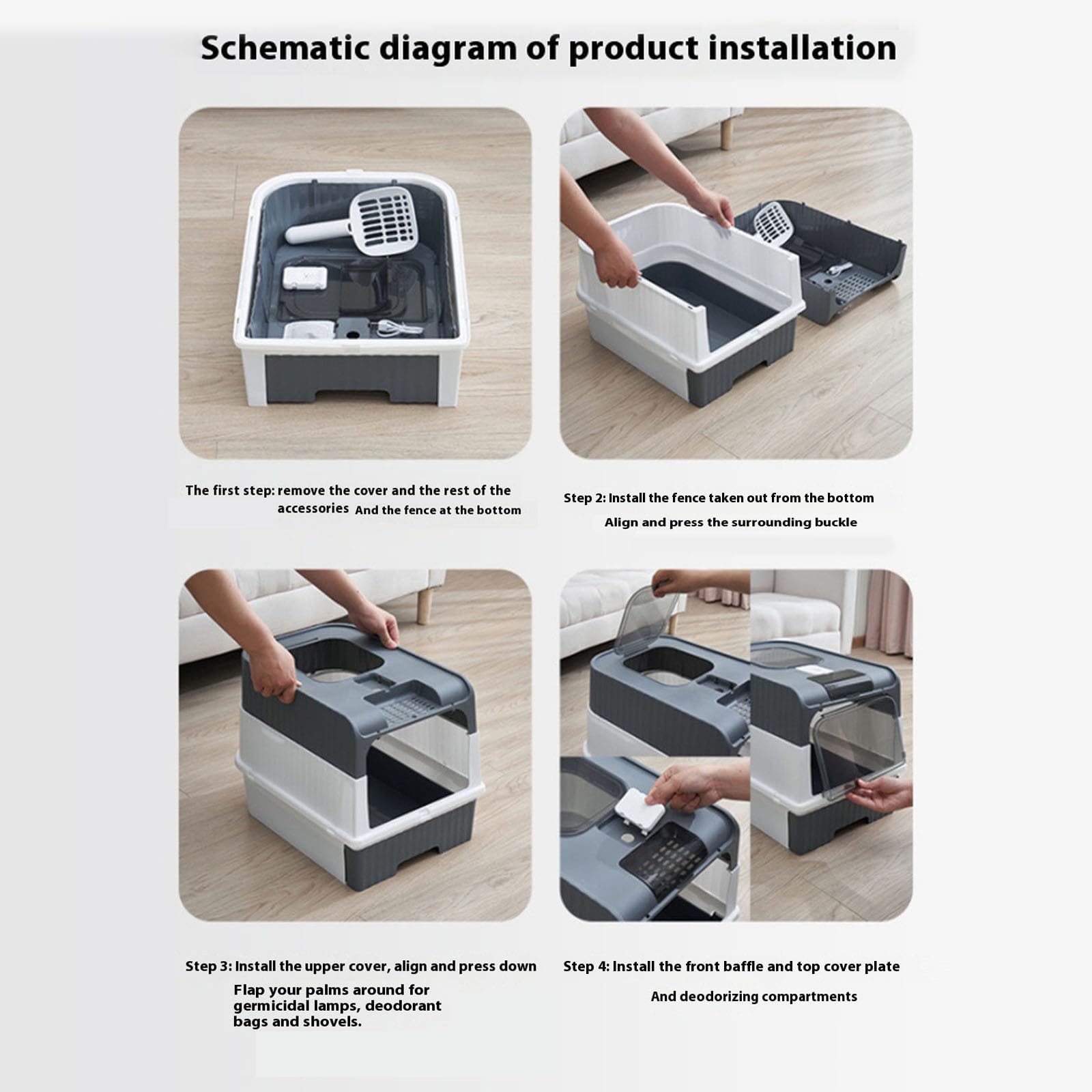 Lettiera autopulente per gatti, pieghevole, con coperchio e paletta, design con ingresso frontale per un facile accesso, portatile e facile da pulire (grigio)