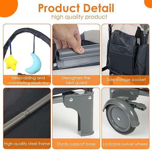 Miniatura 6 de Paquete y juego 3 en 1 con moisés y cambiador Cuna de bebé portátil para viajes, corral plegable para recién nacidos y niños pequeños, 2 ruedas de