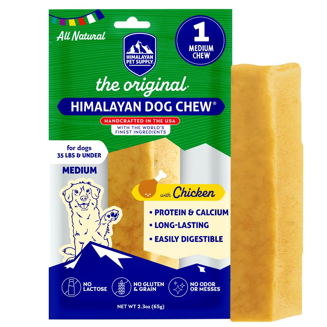 Himalayan Dog Chew Original Yak Cheese Chew, Chicken, 1 Medium Stick, 2.3 oz, Gluten Free, Healthy Treats, Grain & Lactose Free 100% Natural, Long Lasting, for Dogs Under 35 lbs