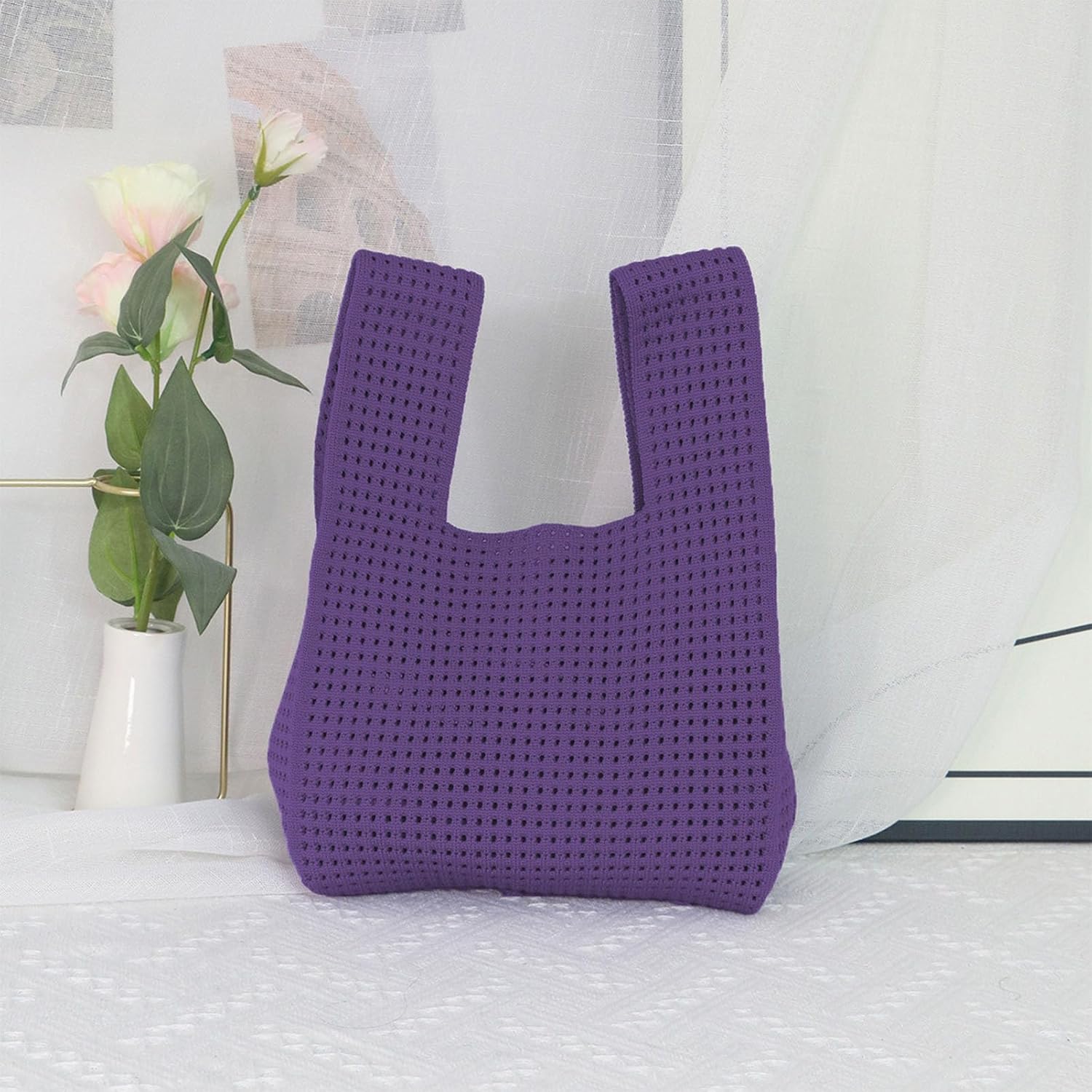 Mini Wrist Knot Bag for Women Knitted Purse Hollow Out Purple