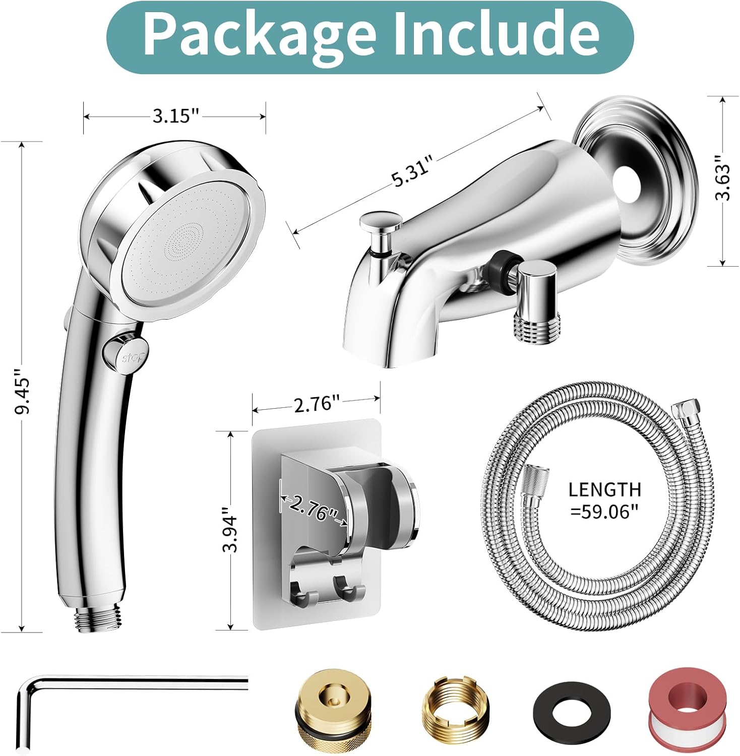 Bathtub Faucet with Handheld Sprayer, Shower Attachment for Tub Faucet, All Metal Bath Tub Spout with Shower Diverter, High Pressure 3+1 Settings Hand Held Showerhand (Chrome)
