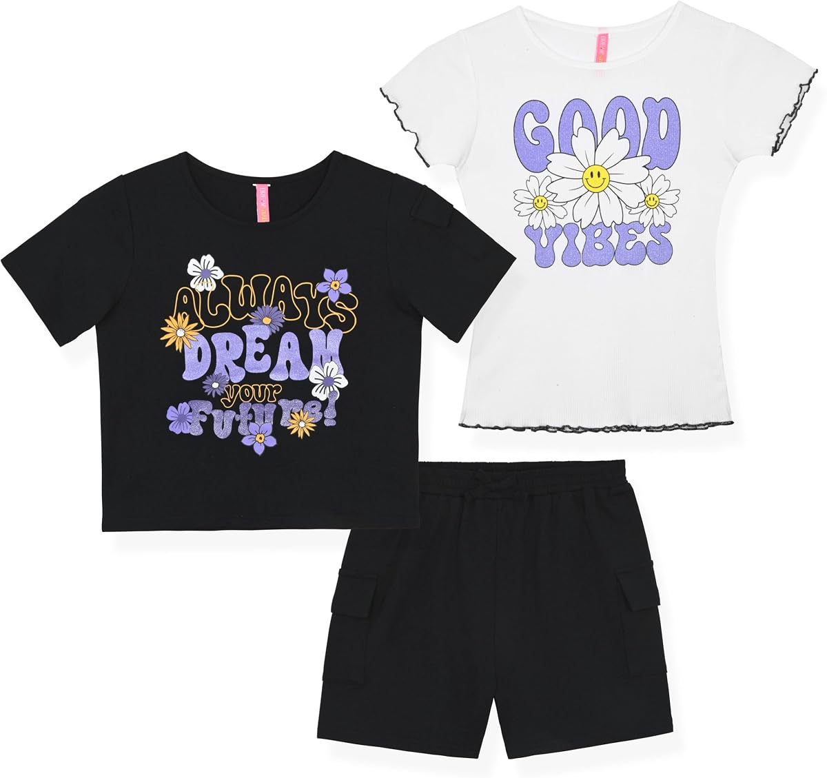 Conjunto de 3 piezas para niñas de Dreamstar Mix and Match – Camisetas gráficas suaves y pantalones cortos a juego, conjunto de atuendo informal ligero