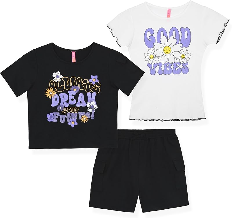Conjunto de 3 piezas para niñas de Dreamstar Mix and Match – Camisetas gráficas suaves y pantalones cortos a juego, conjunto de atuendo informal ligero