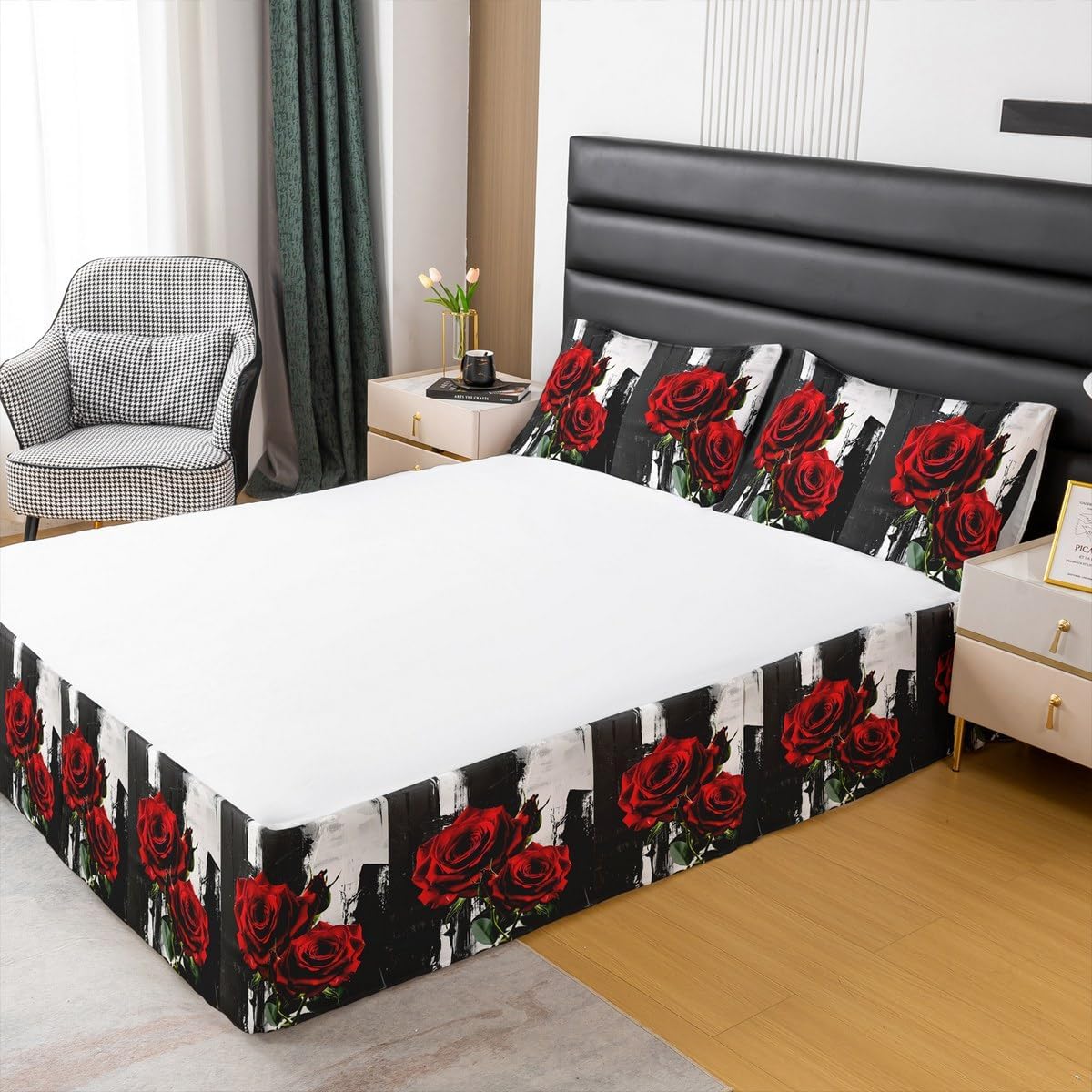 Red Rose Bed Skirt Decor,Black White Soft Bedding Bedskirt Queen Size for Kids Boys Girls Bedroom,Graffiti Easy Fit with 15 Inch Drop Bed Skirts Romantic Bedding Fitted Sheet
