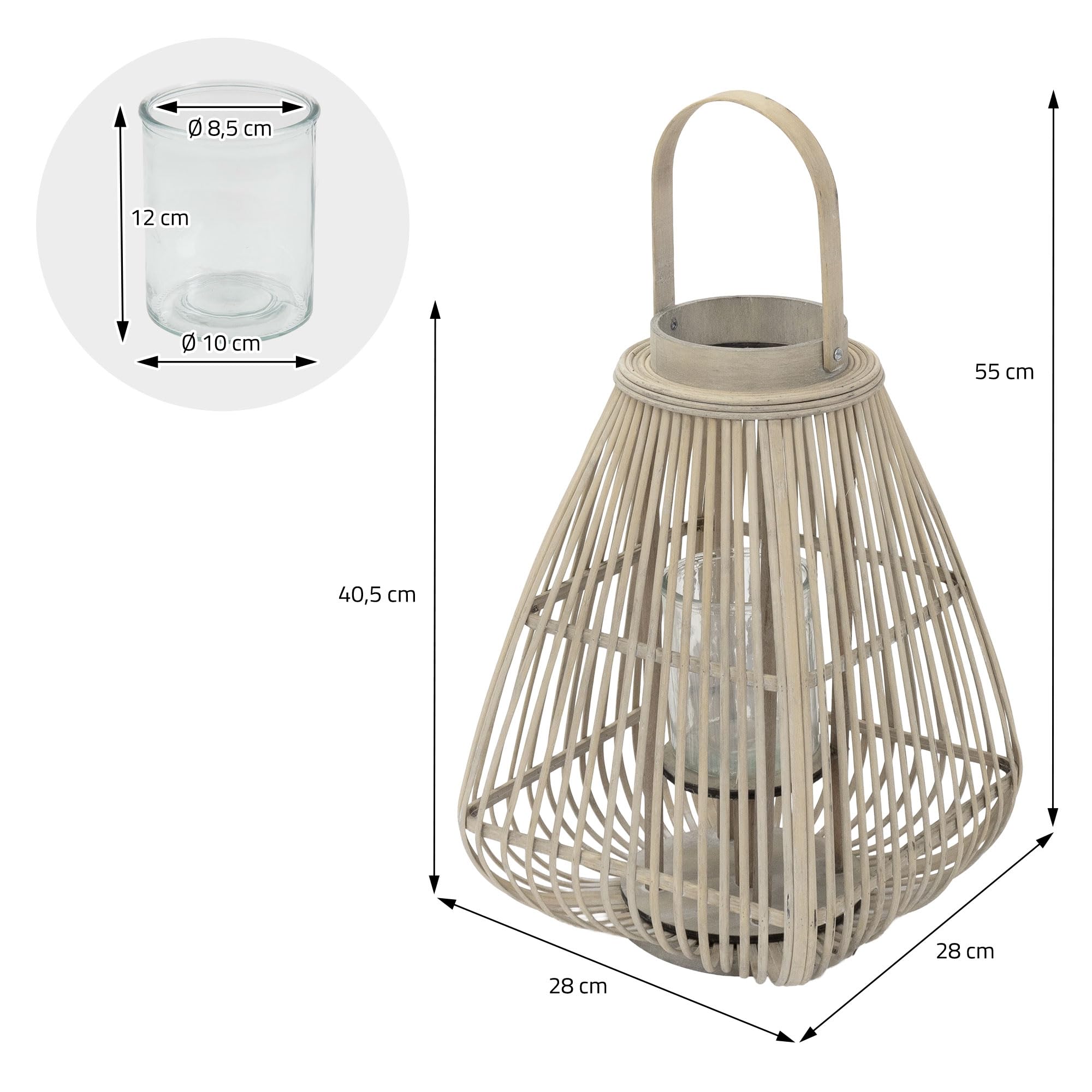 ECD Germany Linterna de Bambú de Madera, 55cm de Altura, Portavelas de Jardín con Asa y Inserto de Cristal, Farolillo de Estilo Boho, Lámpara Colgante Interior/Exterior Decorativo para Terraza, Balcón
