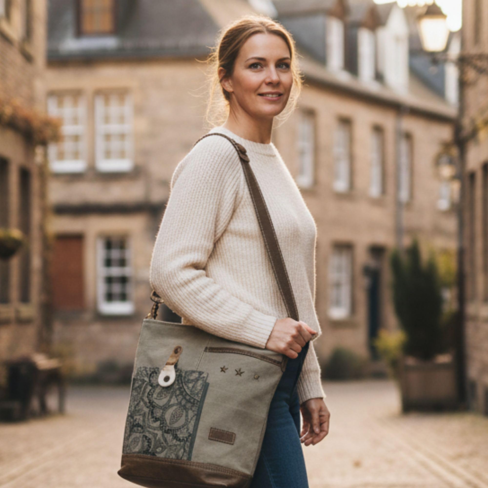 Sunsa Umhängetasche Damen groß Handtasche mit vielen Fächern Tasche aus Canvas & Leder. Vintage Tasche in Kahkigrün. Mandala Design Schultertasche Shopper Arbeitstasche Frauen Crossbody Damentasche