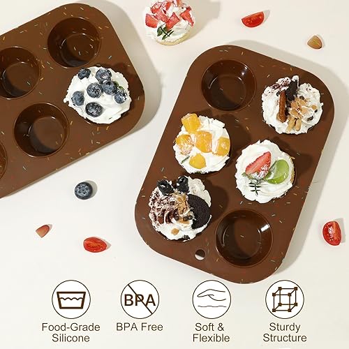 Miniatura 7 de Paquete de 2 moldes de silicona para magdalenas para hornear, molde antiadherente de tamaño regular, 6 tazas de silicona para magdalenas, sin BPA,