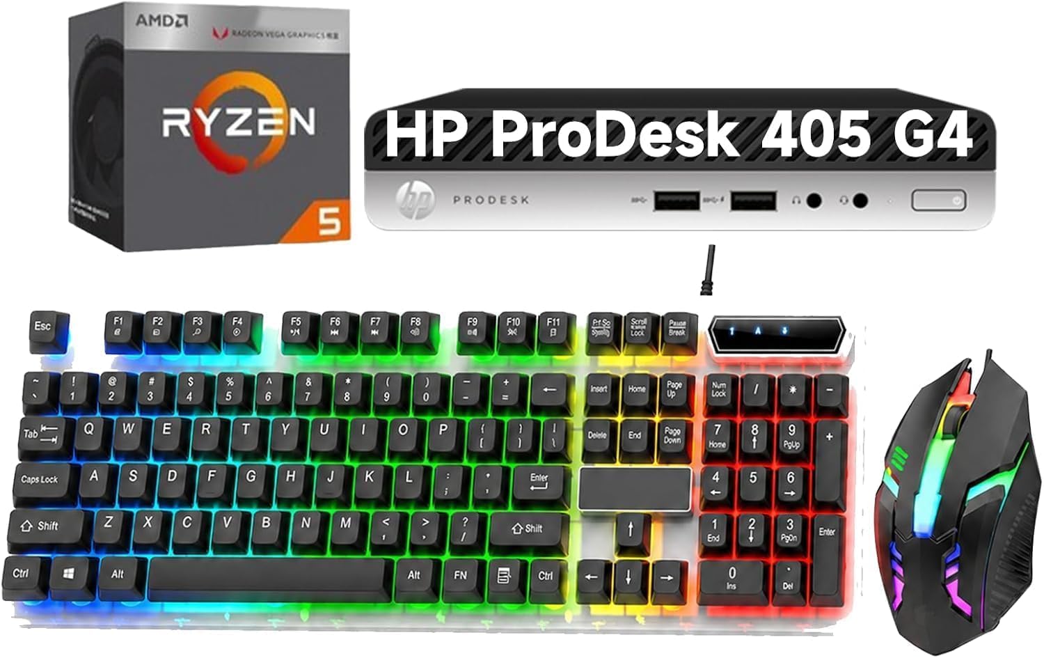 HP ProDesk 405 G4 Mini PC Ordinateur de Bureau, AMD Ryzen 5 Pro 2400G, 8Go de RAM, SSD de 256Go, WiFi, Bluetooth, Clavier américain QWERTY, Windows 11 Pro (reconditionné)