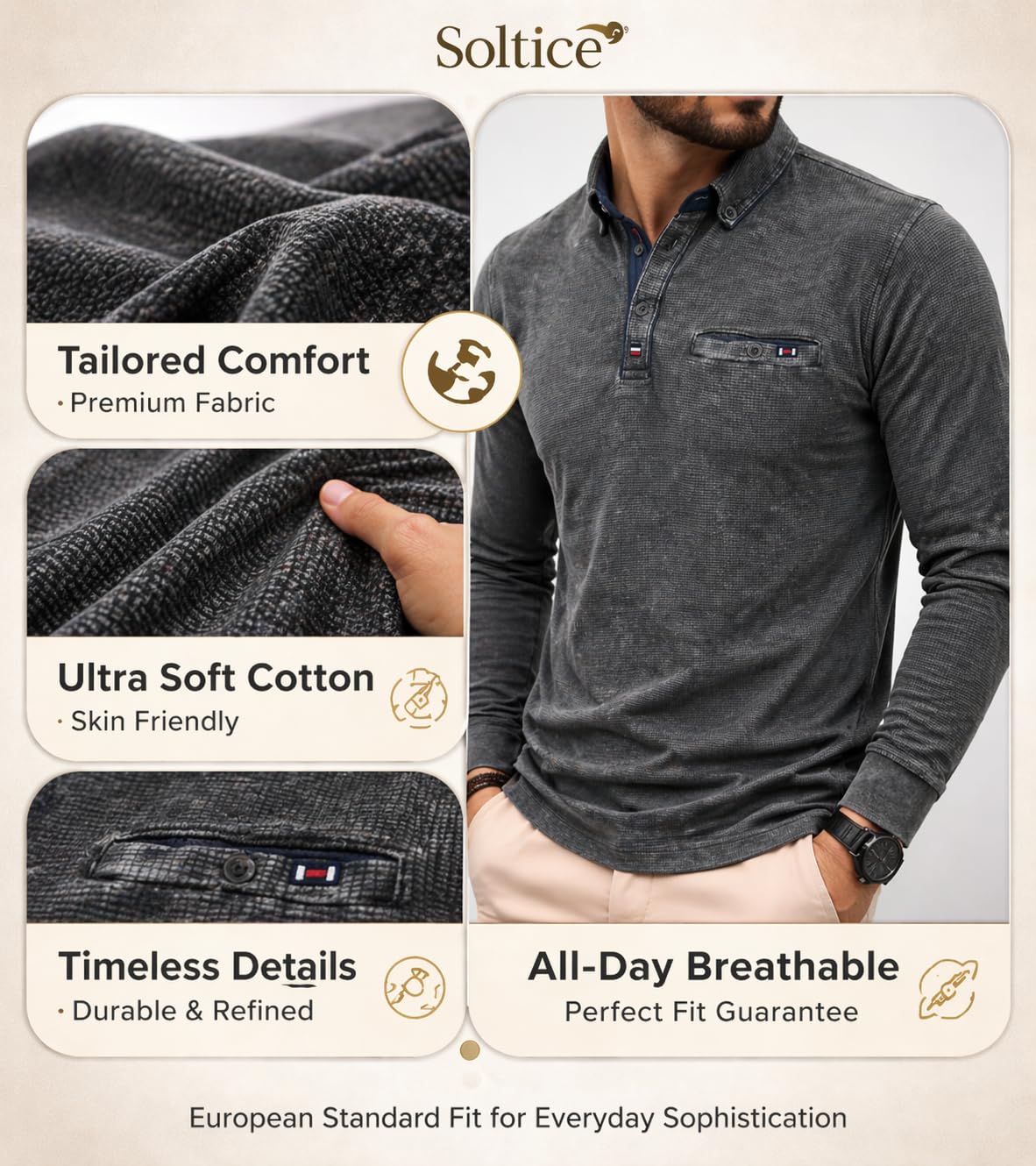 Soltice Herren Poloshirts Langarm Polohemden mit Brusttasche, Gestreifte Blousonshirts aus Baumwoll-Mix (M bis 3XL)