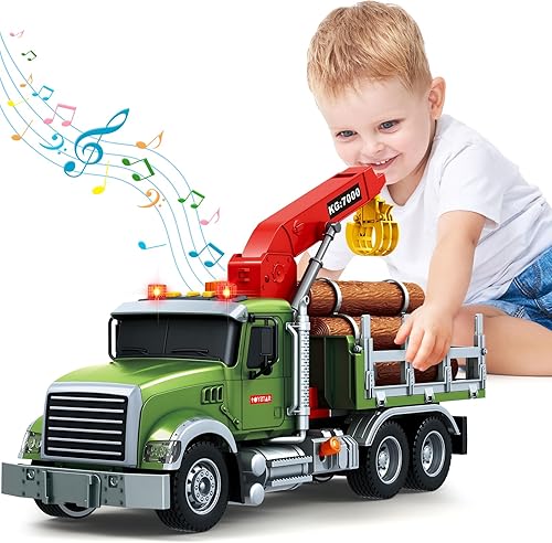 SpringFlower Juguete para niños de 3, 4, 5, 6 años, juguete de camión de granja con maletero de granja, camión de madera con grúa de carga, luces y