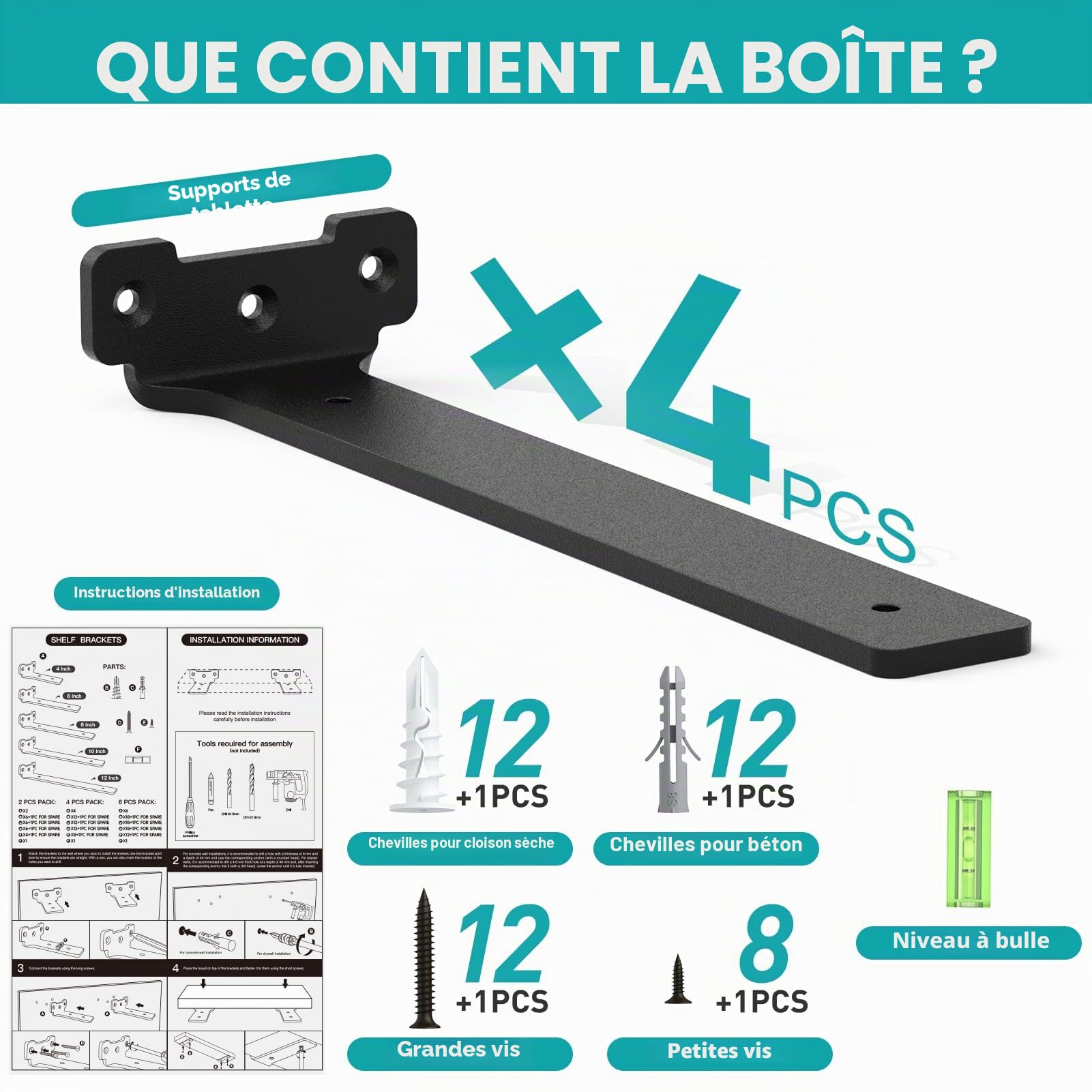 Yeabett Lot de 4 supports d'étagère en métal de 15 cm, avec vis, capacité de charge de 70 kg, noir