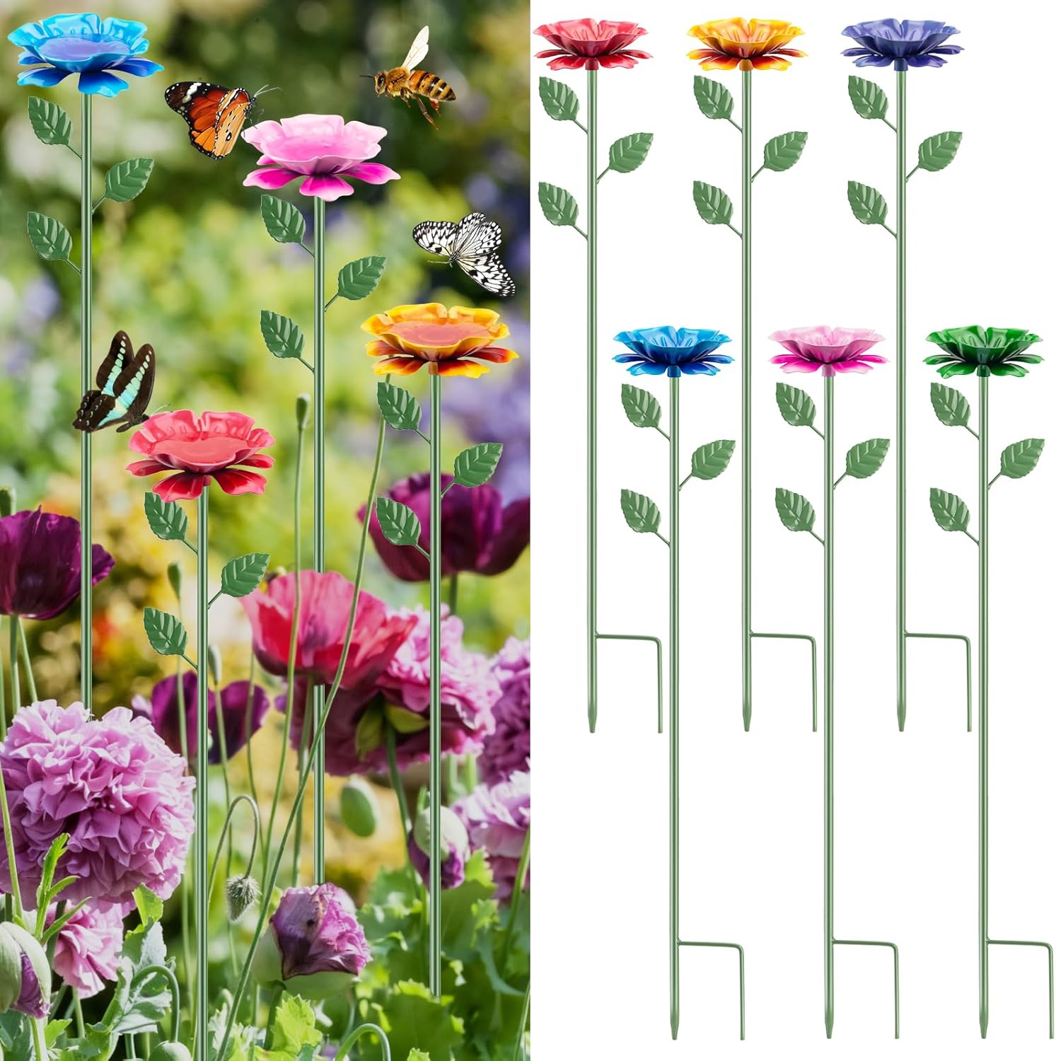 6 Pack Bee Watering Station, Metal Bee Bath, Butterfly Feeder with Flower Design, Colorful Butterfly Bath for Outdoor Garden Yard Patio Decor