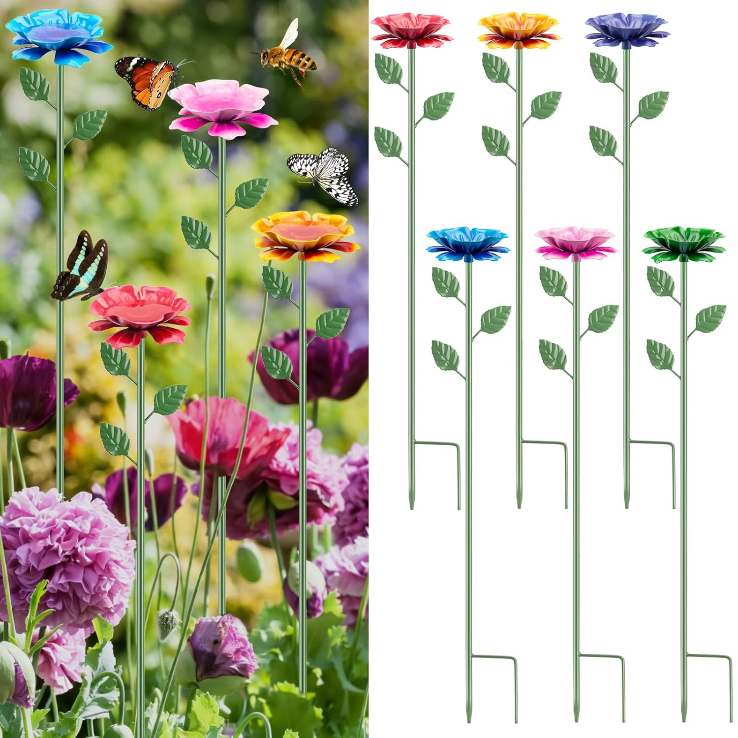 6 Pack Bee Watering Station, Metal Bee Bath, Butterfly Feeder with Flower Design, Colorful Butterfly Bath for Outdoor Garden Yard Patio Decor