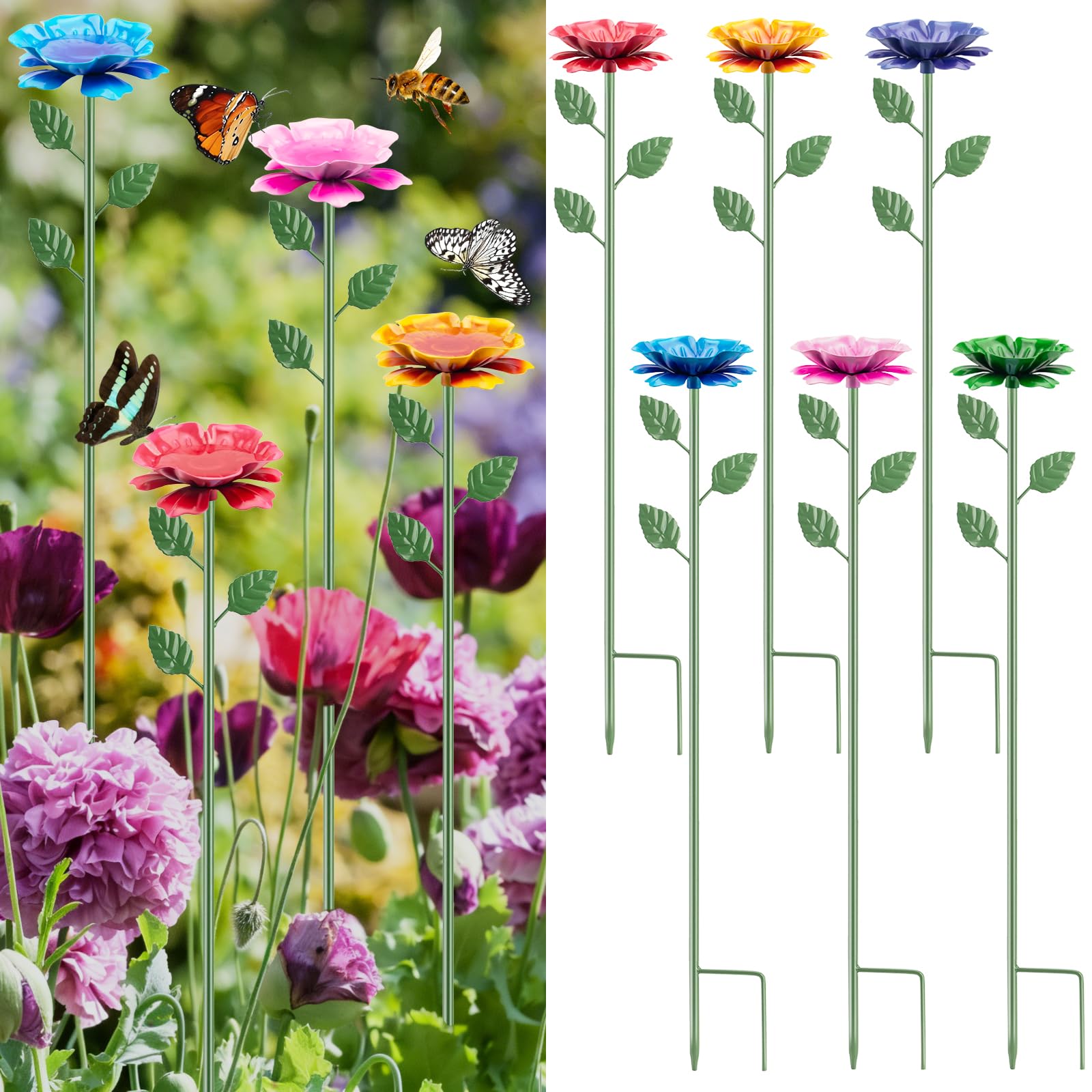 Bee Watering Station, Metal Bee Cups for Garden, Bee Butterfly Feeder with Flower Design, Colorful Butterfly Bee Bath for Outdoor Garden Yard Patio Decor, 6 Pack