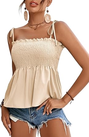 LYANER Womens Cute Summer Tops Tie Shoulder Shirred Ruffle Hem Sleeveless Sexy Cami Blouse Peplum Top