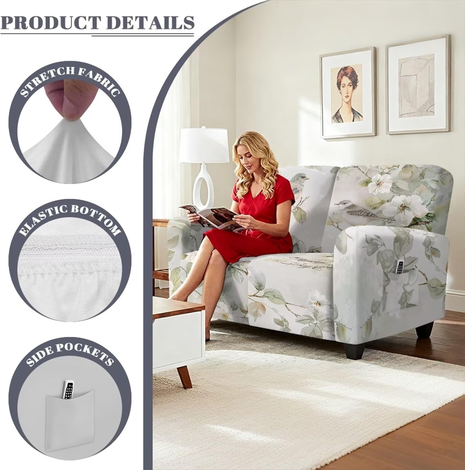 Recliner Loveseat Slipcover, Watercolor Bird Floral 6 Pieces Dual Recliner Sofa Covers for 2 Seat Dual Reclining Loveseat Couch, Stretch Soft Furniture Protector with Elasticity