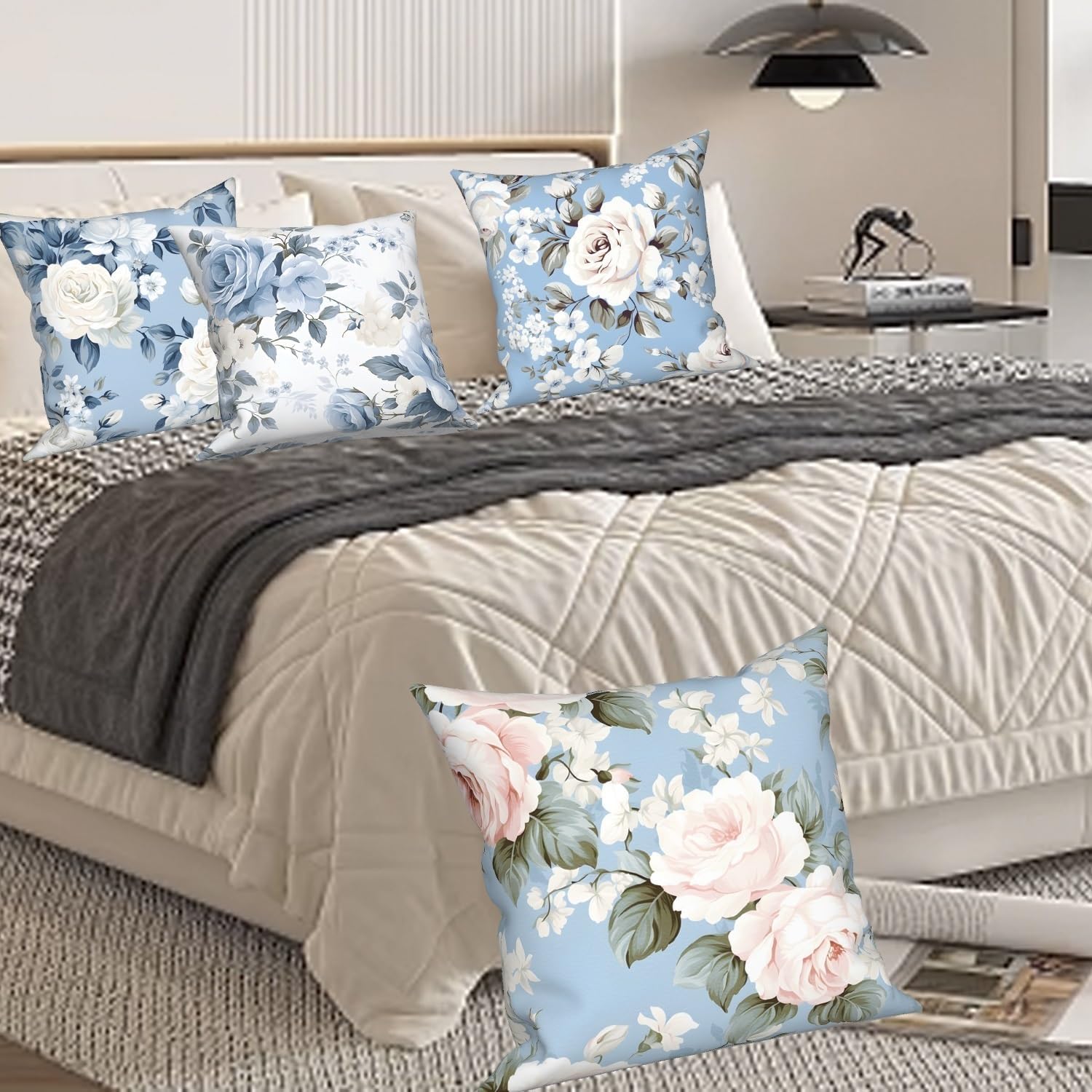 4 Pcs/Set Floral Pillow Covers Spring Blooming Flowers Rustic Bouquet Blue Watercolor Square Romantic Rose Throw Pillow Cases for Sofa Couch Bedroom Home Office Outdoor Decoration 16"x16" - Image 4