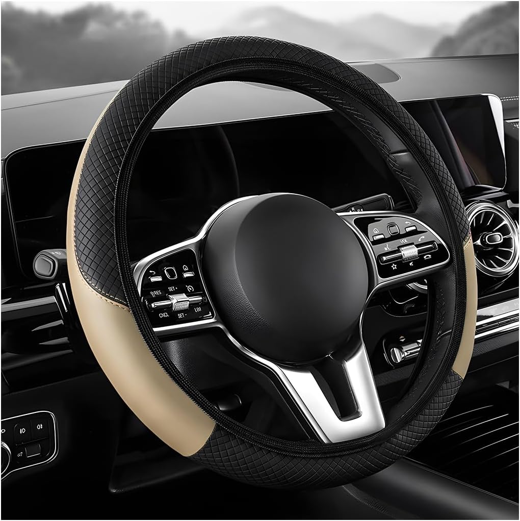Car Steering Wheel Cover, 15 inch Carbon Fiber Microfiber Leather Elastic Steering Wheel Protector, Breathable Anti-Slip Comfortable Steering Wheel Covers for Most Cars (Beige, AD)